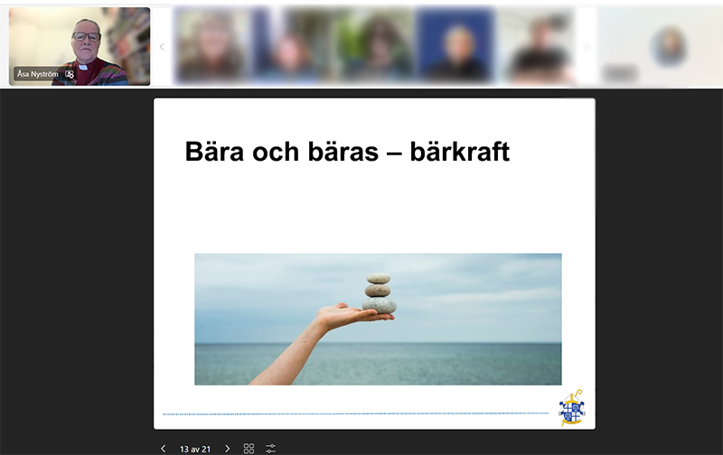 Skärmklipp från en digital föreläsning. En bild visas av en hand som håller stenar.