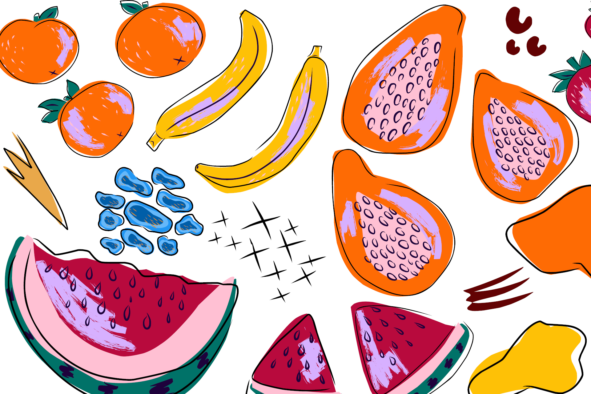Illustration av olika exotiska frukter.