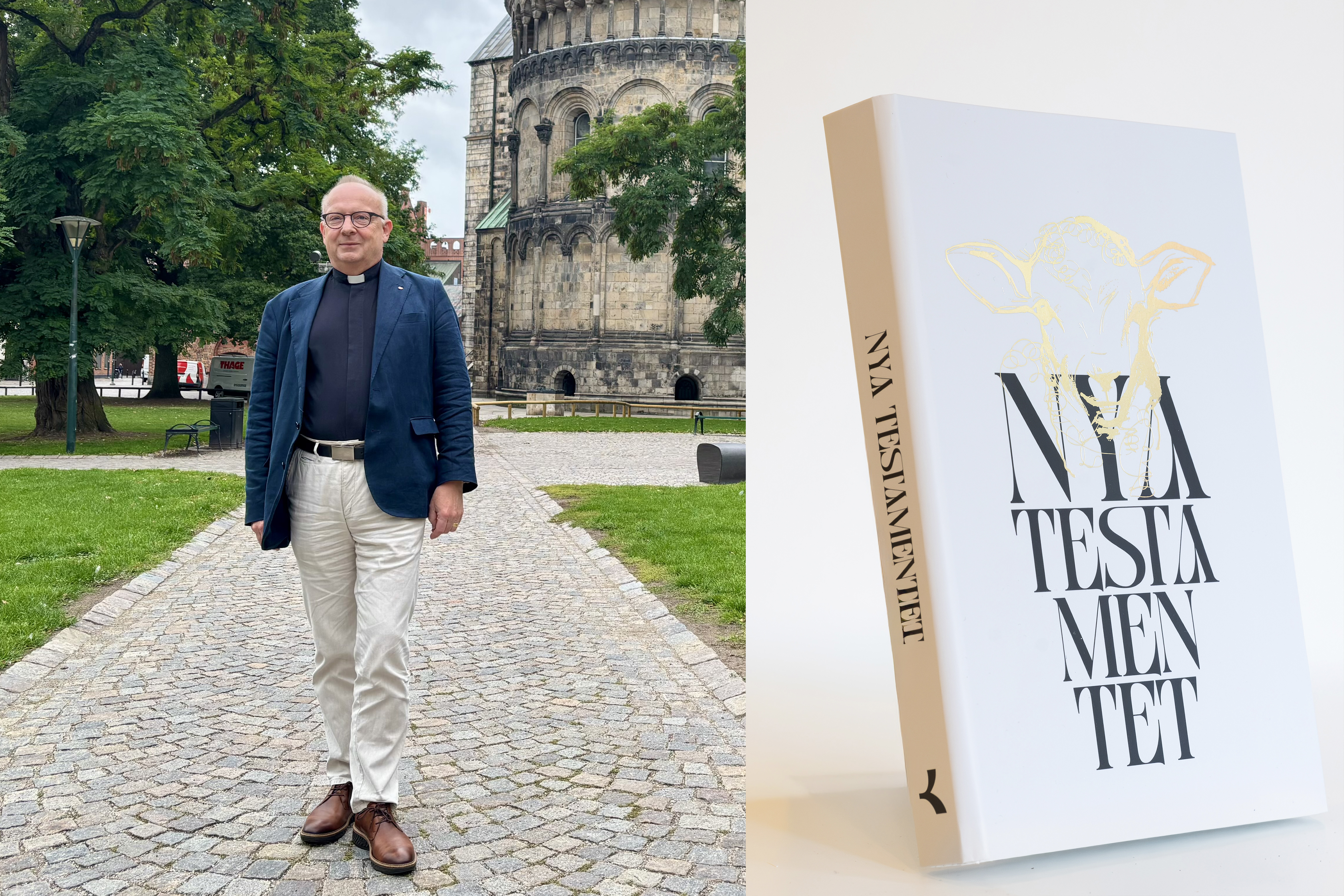 En man står på en stenlagd gång som leder till Lunds domkyrka. Inklippt finns en bild på Nya testamentet 2026.