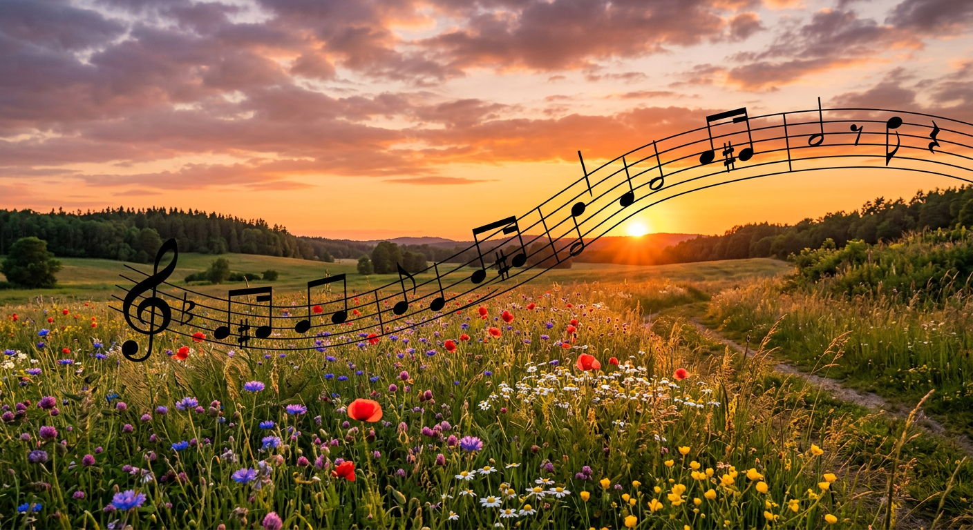 En sommaräng i solnedgång med musiknoter