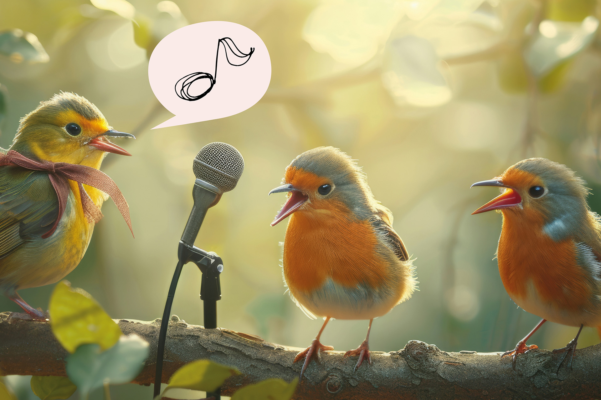 Fåglar som sitter sjungandes på en gren