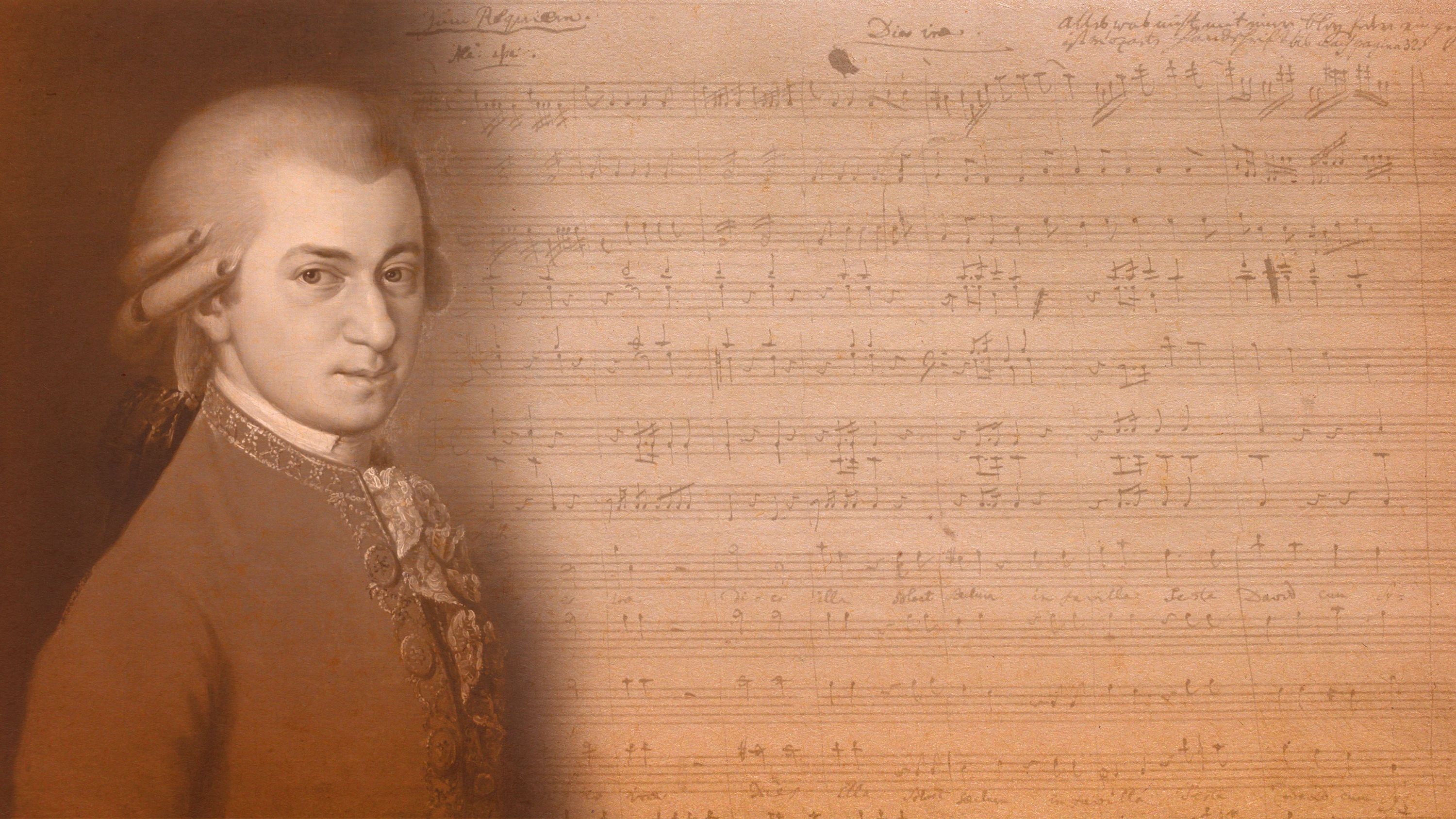 Wolfgang Amadeus Mozart, ett målat porträtt samt ett notblad.