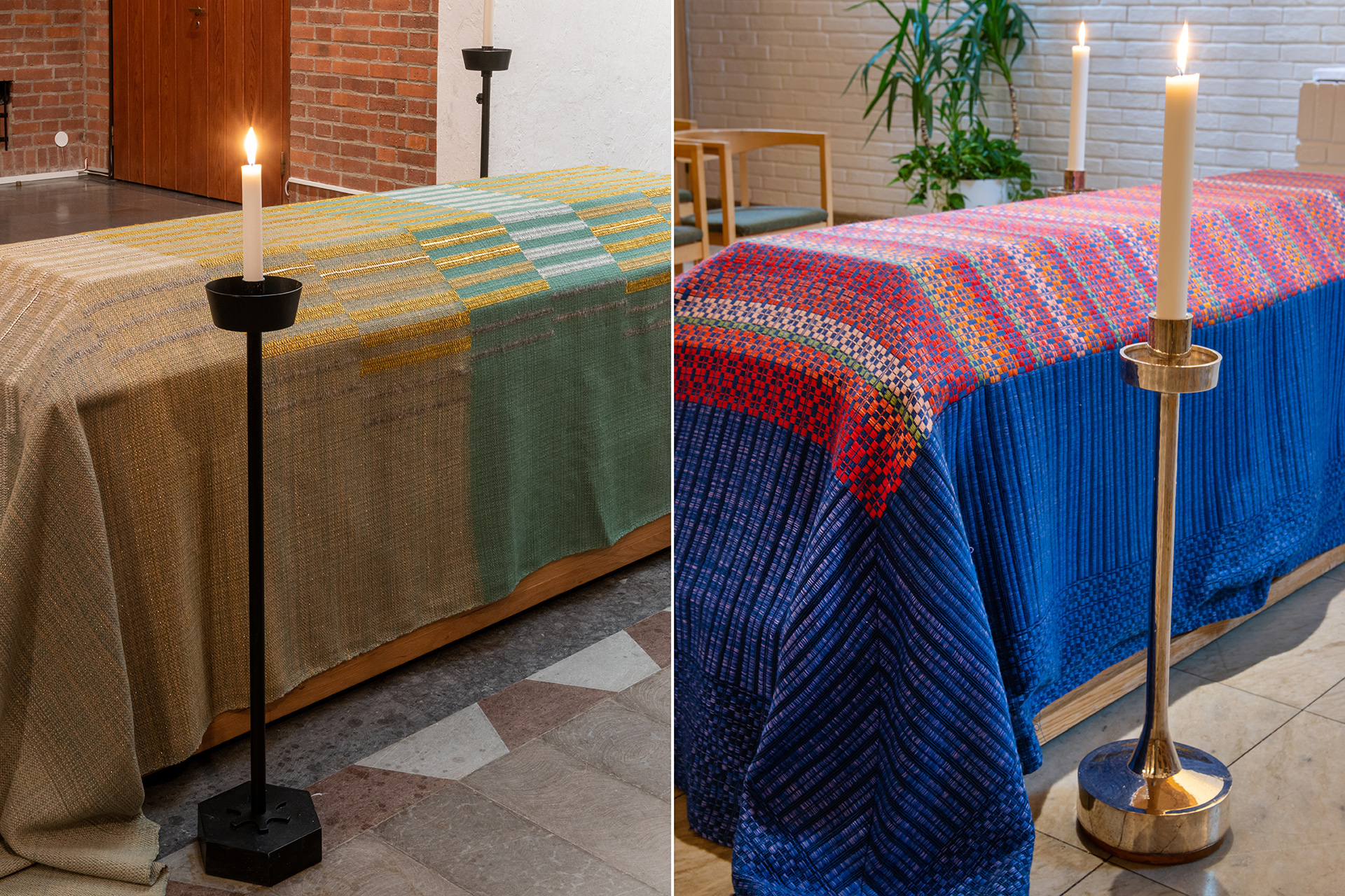 Ett bildcollage med två olika bårtäcken som lagts över en varsin kista. Dessa två bårtäcken finns att låna av Uppsala kyrkogårdar. Runt kistorna med bårtäcken har ljusbärare med ljus tänts.