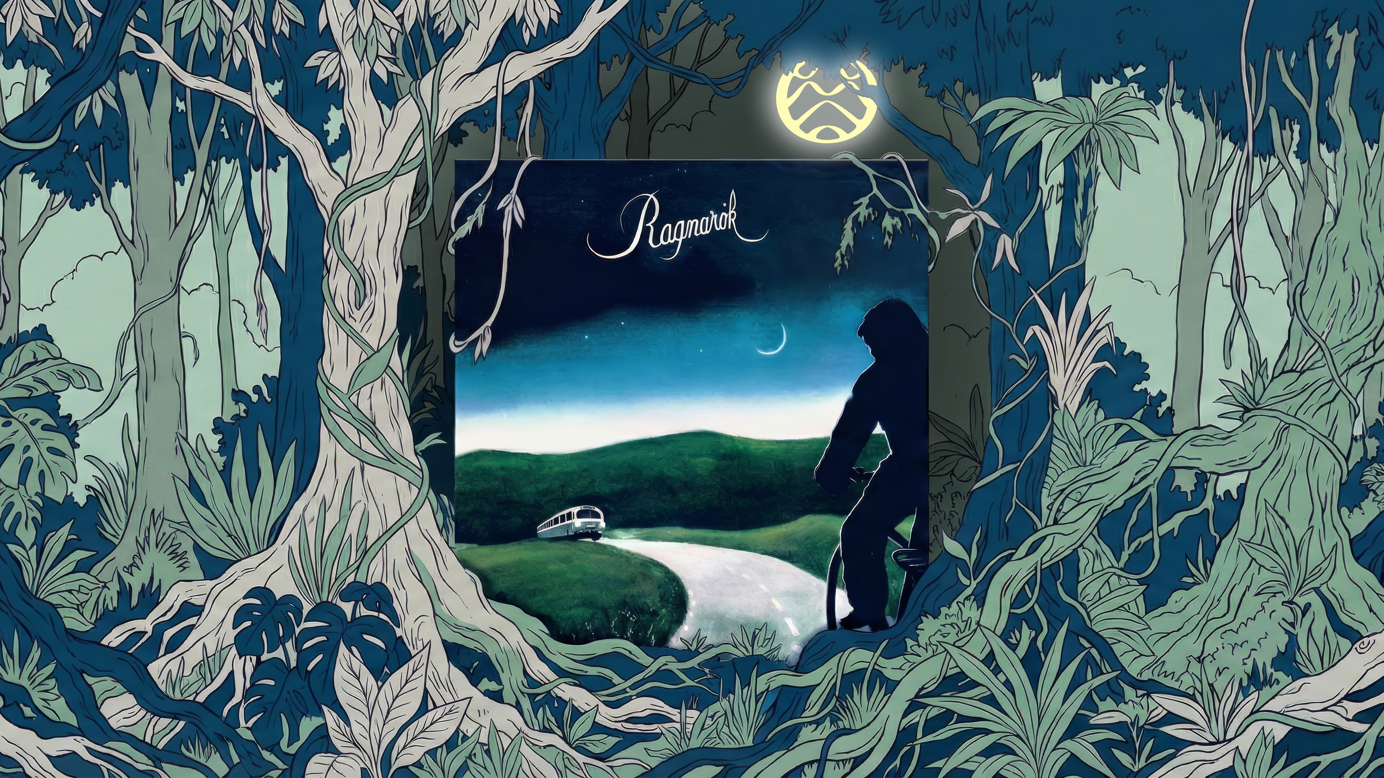 En illustrerad bild av skivomslaget till bandet Ragnaröks självbetitlade album.