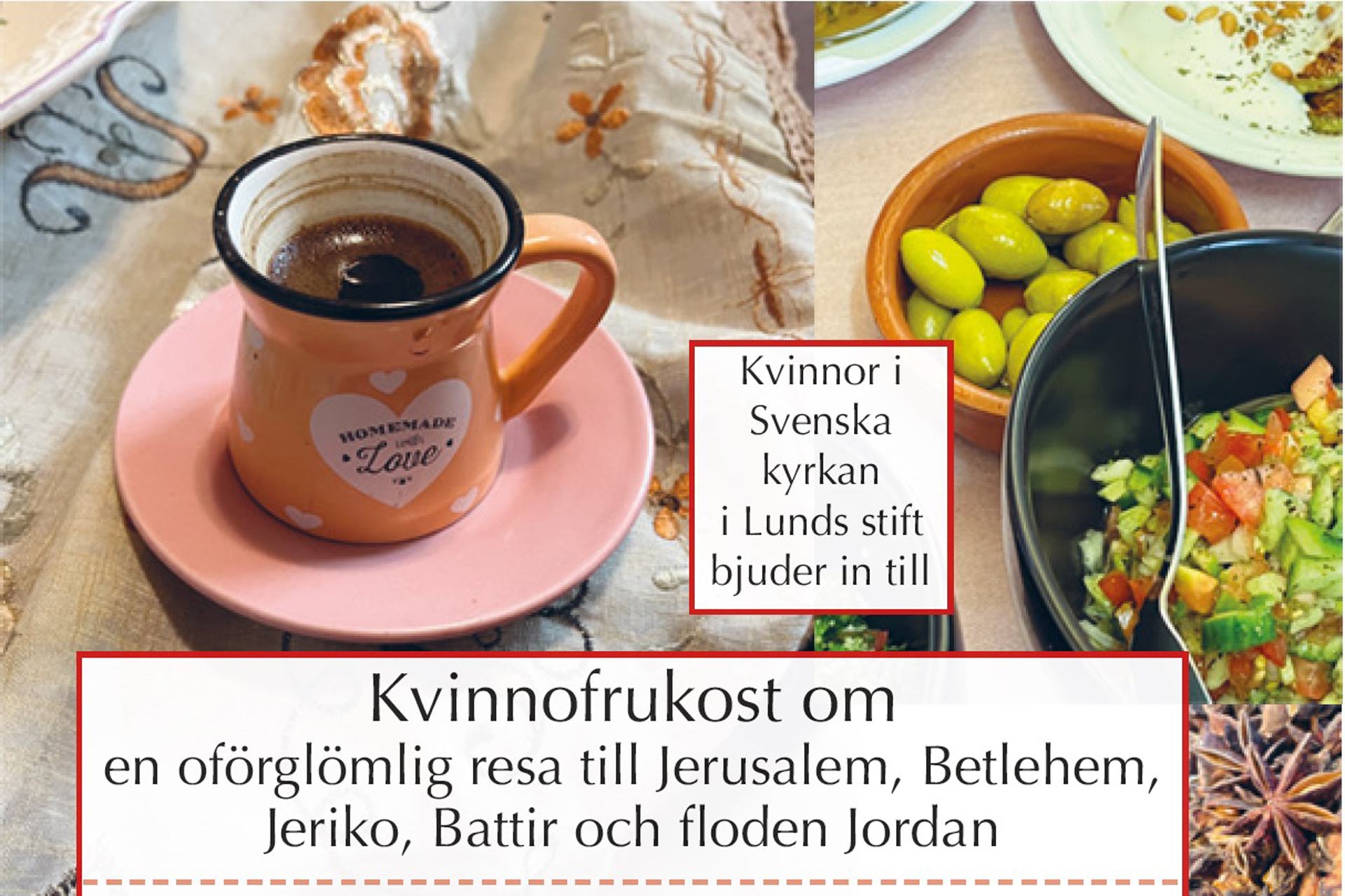 Rosa tekopp, skål med oliver, skål med sallad och text om föredraget.