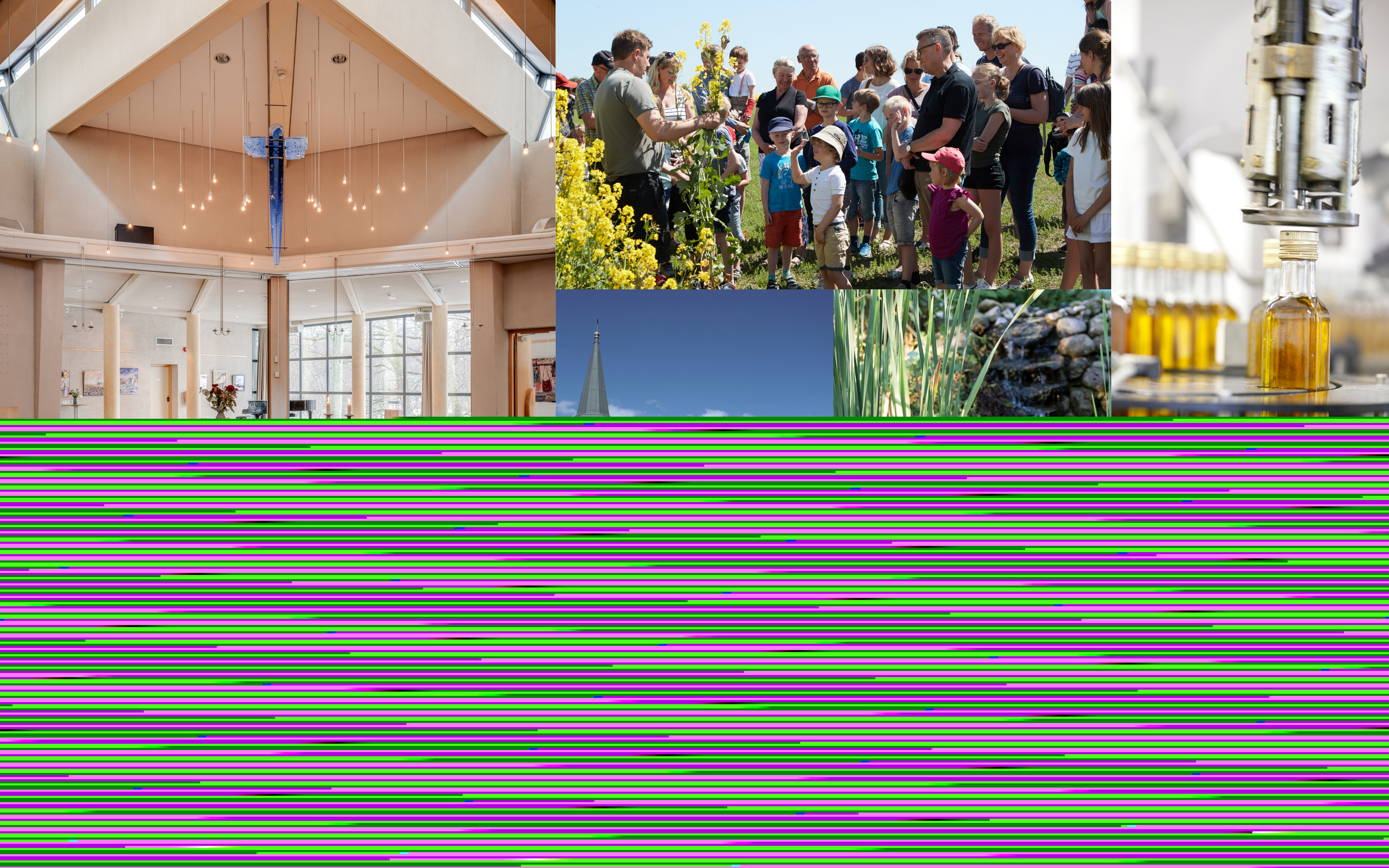 Montage av bilder med kyrkorum med hängande blått kors, grupp av människor som tittar på raps, kyrka mot blå himmel, porlande vatten, människor som provsmakar mat, träbänk i solen och gult rapsfält med roströd herrgård i bakgrunden.