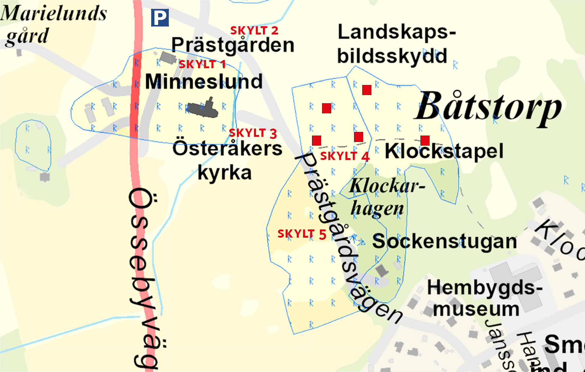 Karta över fornminnesskyltarnas placering