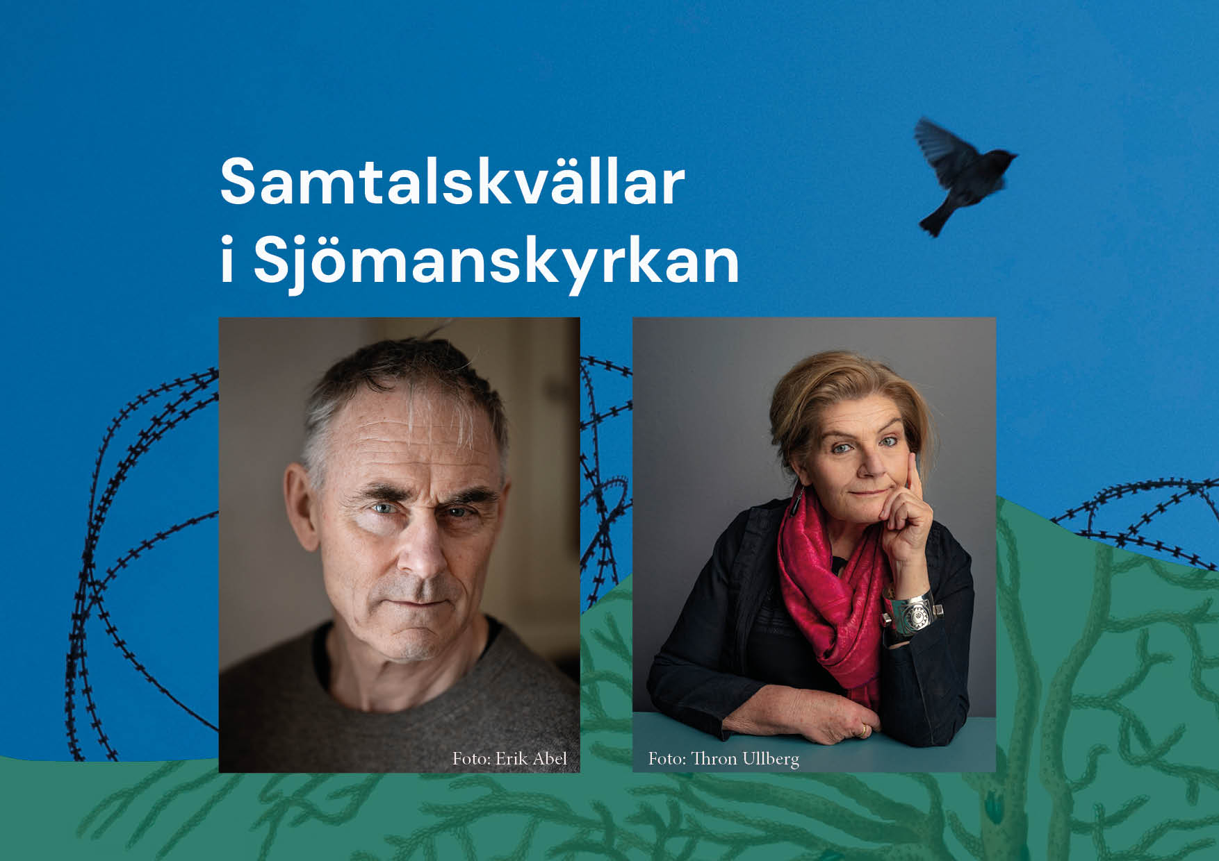 Porträttbilder av Sverker Sörlin och Cecilia Uddén mot bakgrund med mörk himmel där taggtråd och en flygande duva syns. 