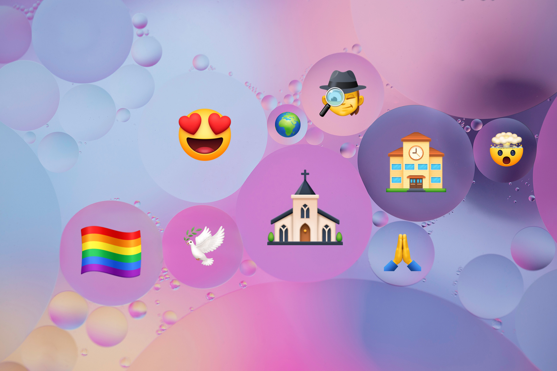 Abstrakt bild med bubblor. I bubblorna finns olika emojis bl.a. en skola, en kyrka och en regnbågsflagga.