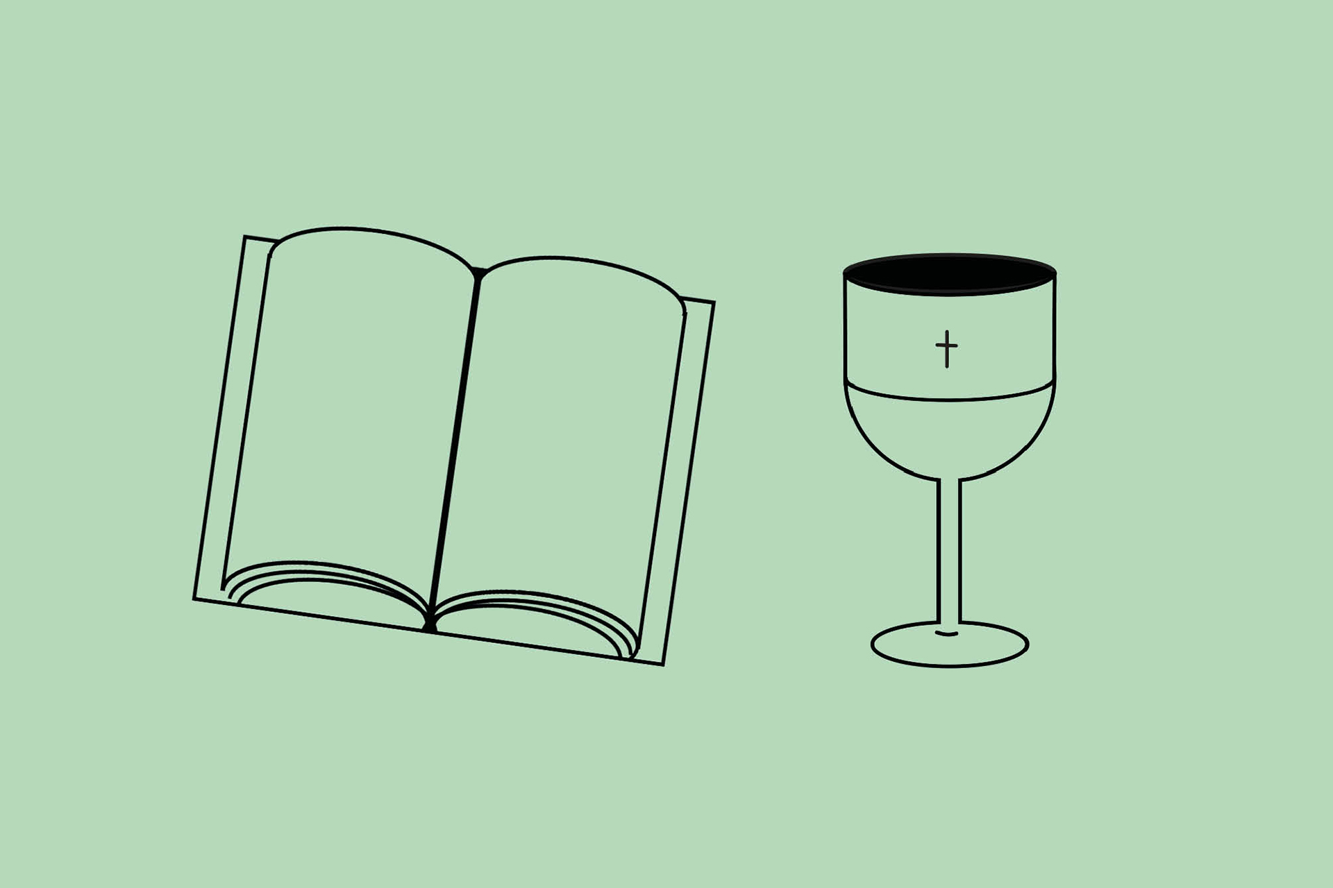 Illustration av uppslagen bok och nattvardskalk, på grön bakgrund.