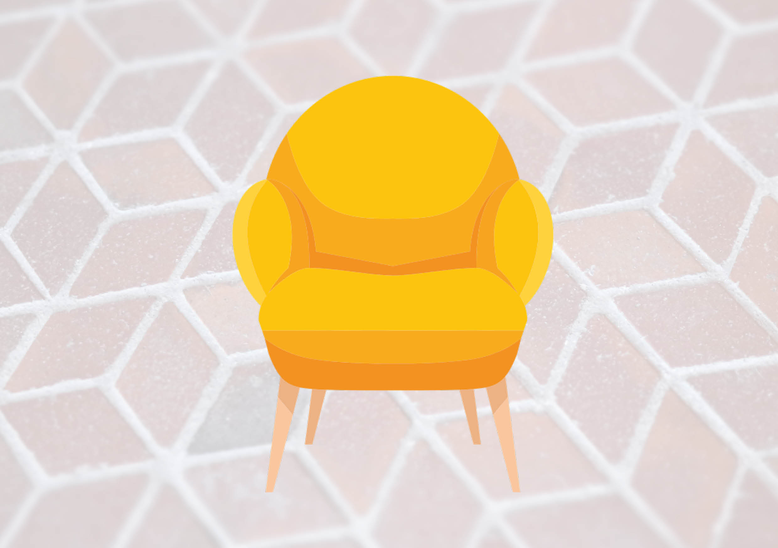 En gul tecknad fåtölj mot ett tegelgolv i stjärnmönster.