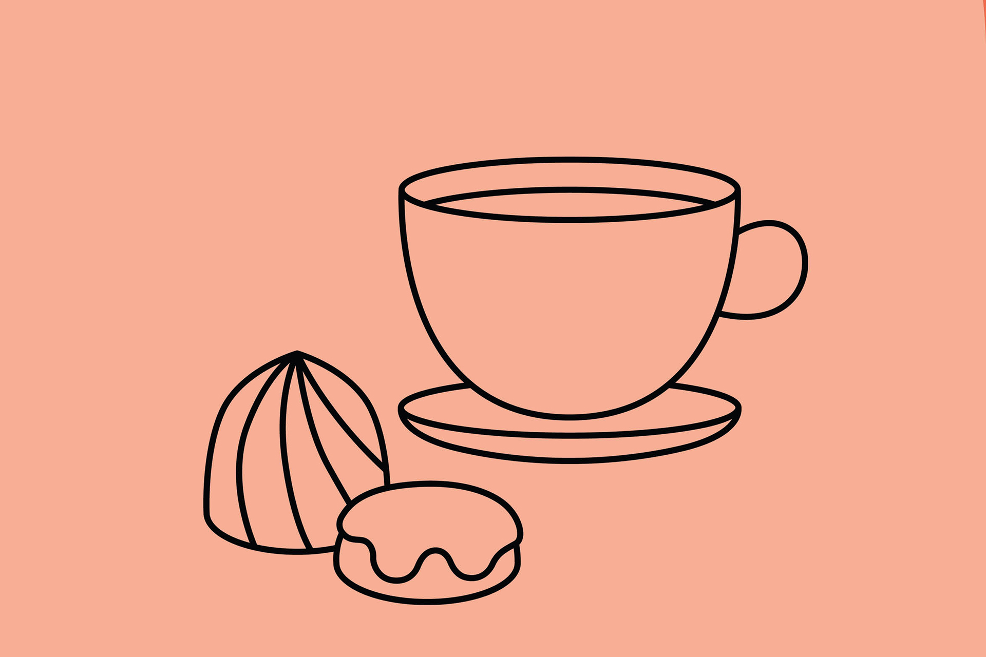 Illustrerad kaffekopp och kakor på en rosa bakgrund.