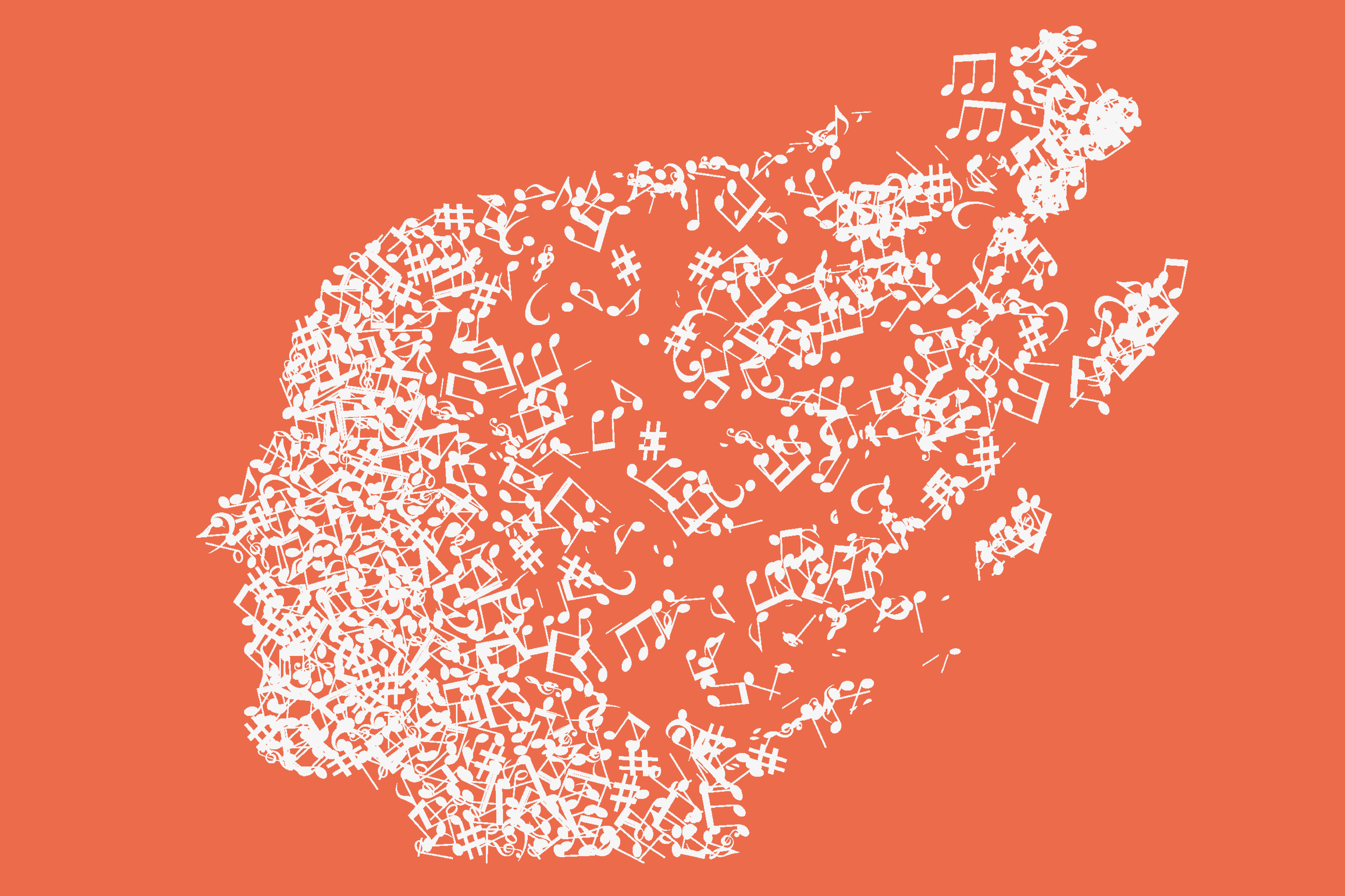 Silhuett av en persons ansikte och hår ihopsatt av noter mot en orange bakgrund. 
