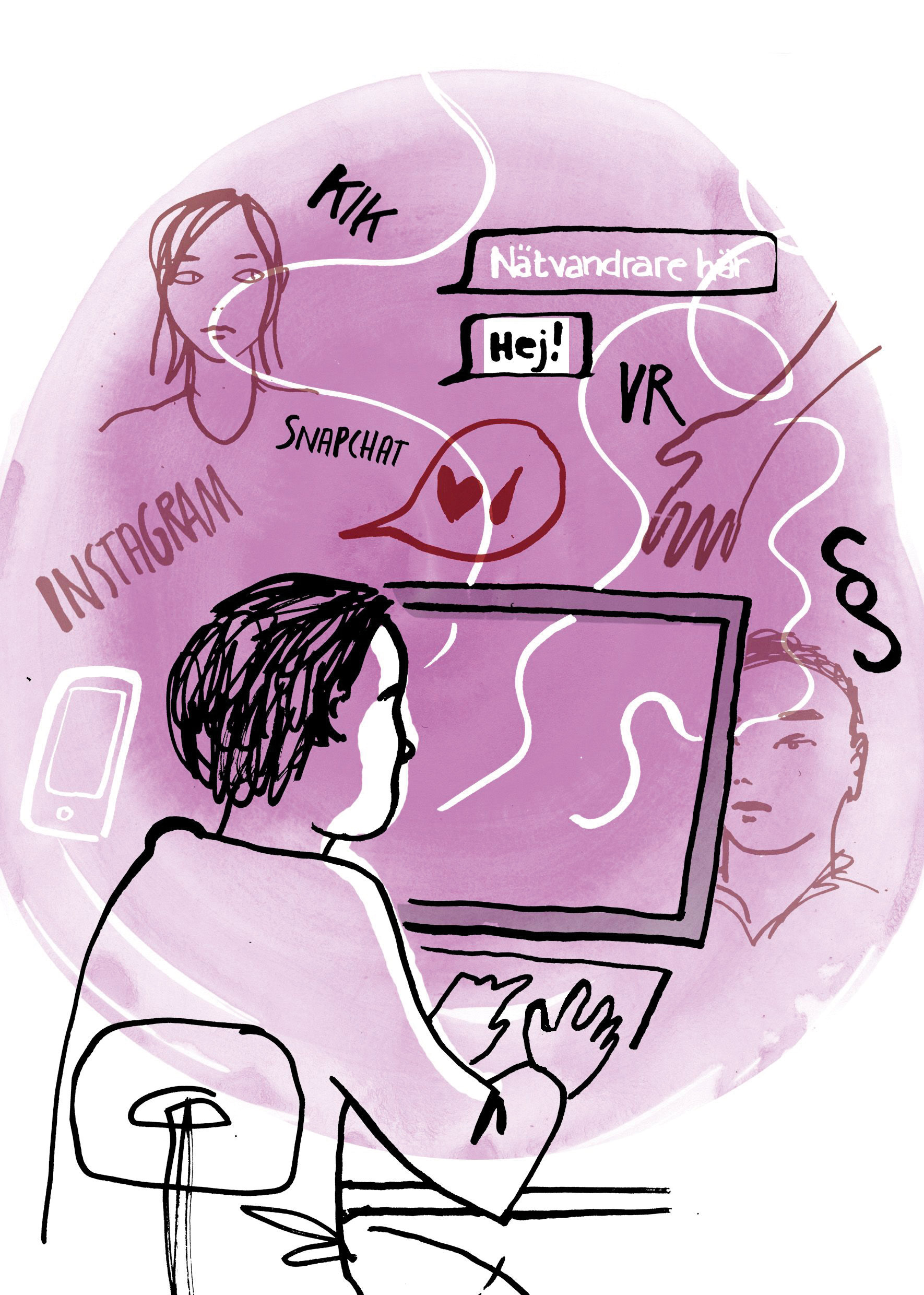 Illustration av en person som sitter framför en skärm. 