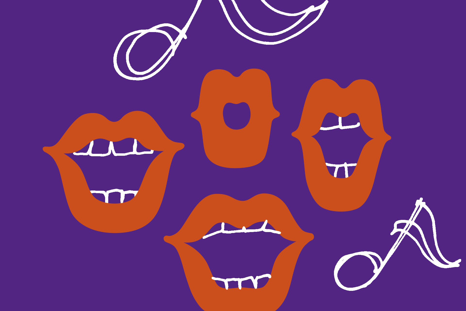 Illustration av ett gäng glada munnar samt noter. 