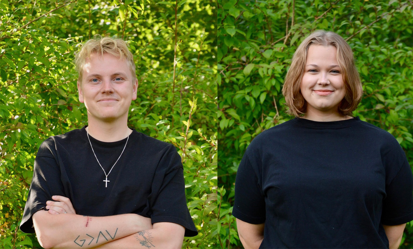 Porträttbild på Gustav och Ella. I bakgrund syns grönt lövverk.