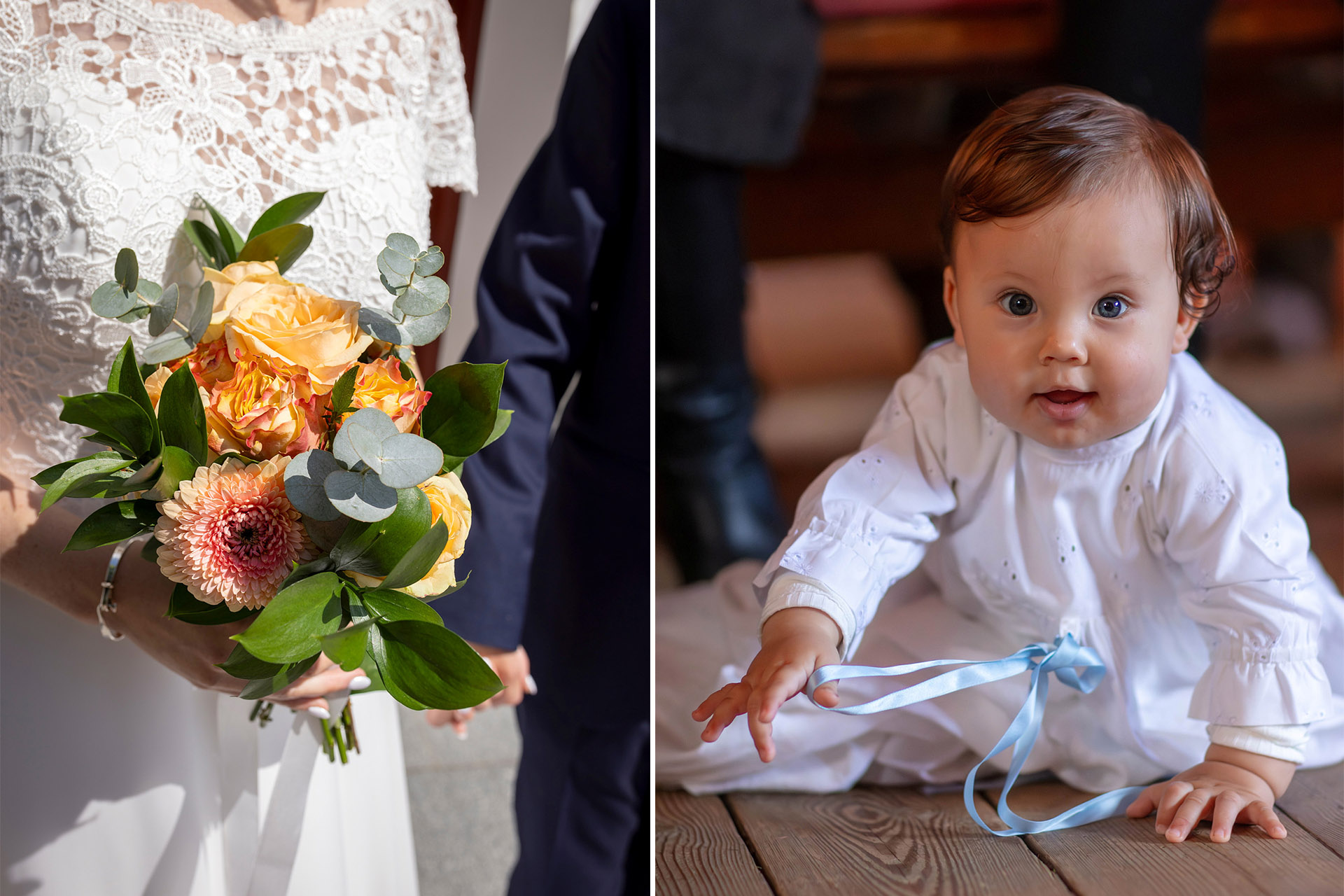 Två bilder. En brudbukett samt en bild på ett barn med dopklänning.