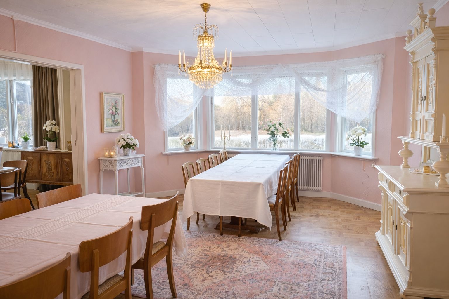 En salong med ljusrosa väggar, ett antal bord med vita linnedukar, på golvet en stor matta med orientaliskt motiv. Kristallkrona i taket och i fonden fyra tätsittande fönster med skira gardiner.
