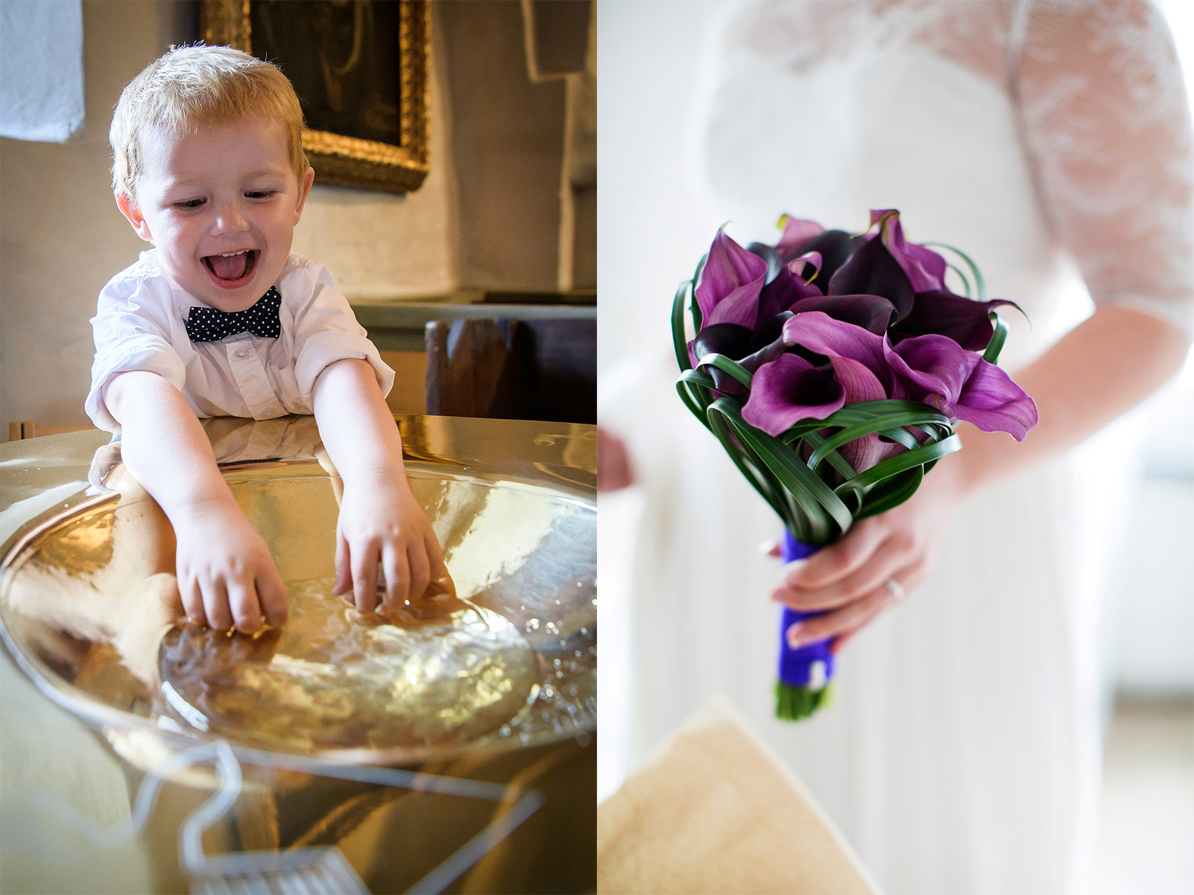 Två bilder: En liten pojke i vit skjorta och prickig fluga doppar sina fingrar i dopfuntens vatten. En bild av en brudbukett med lila liljor. 