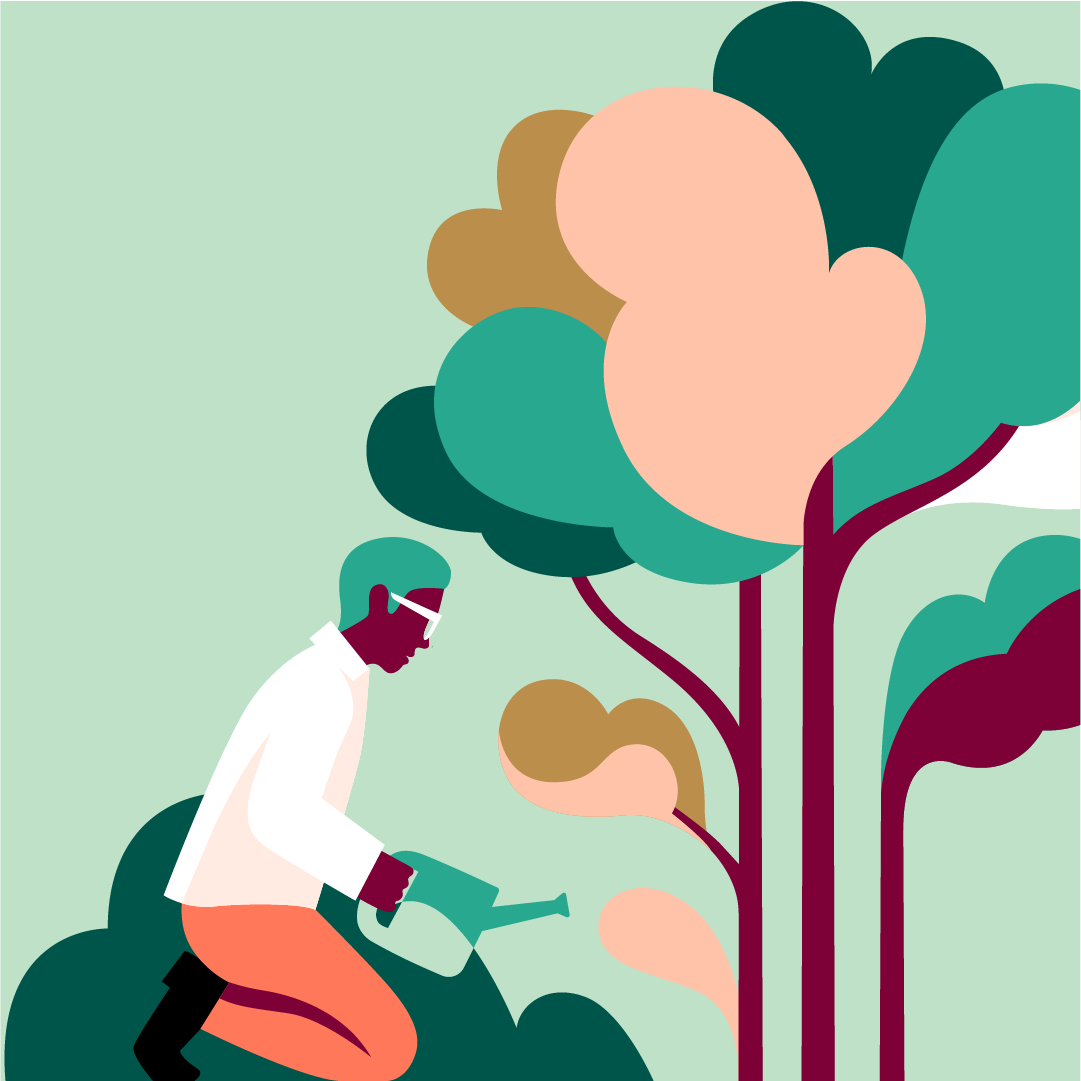 Illustration på en person som vattnar vid ett träd