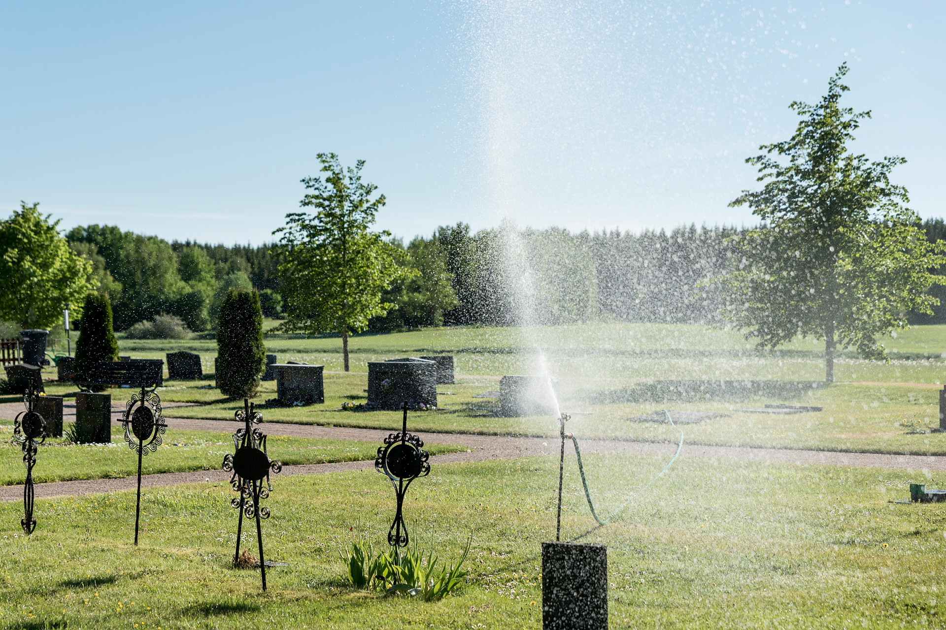 En begravningsplats vattnas med spridare.