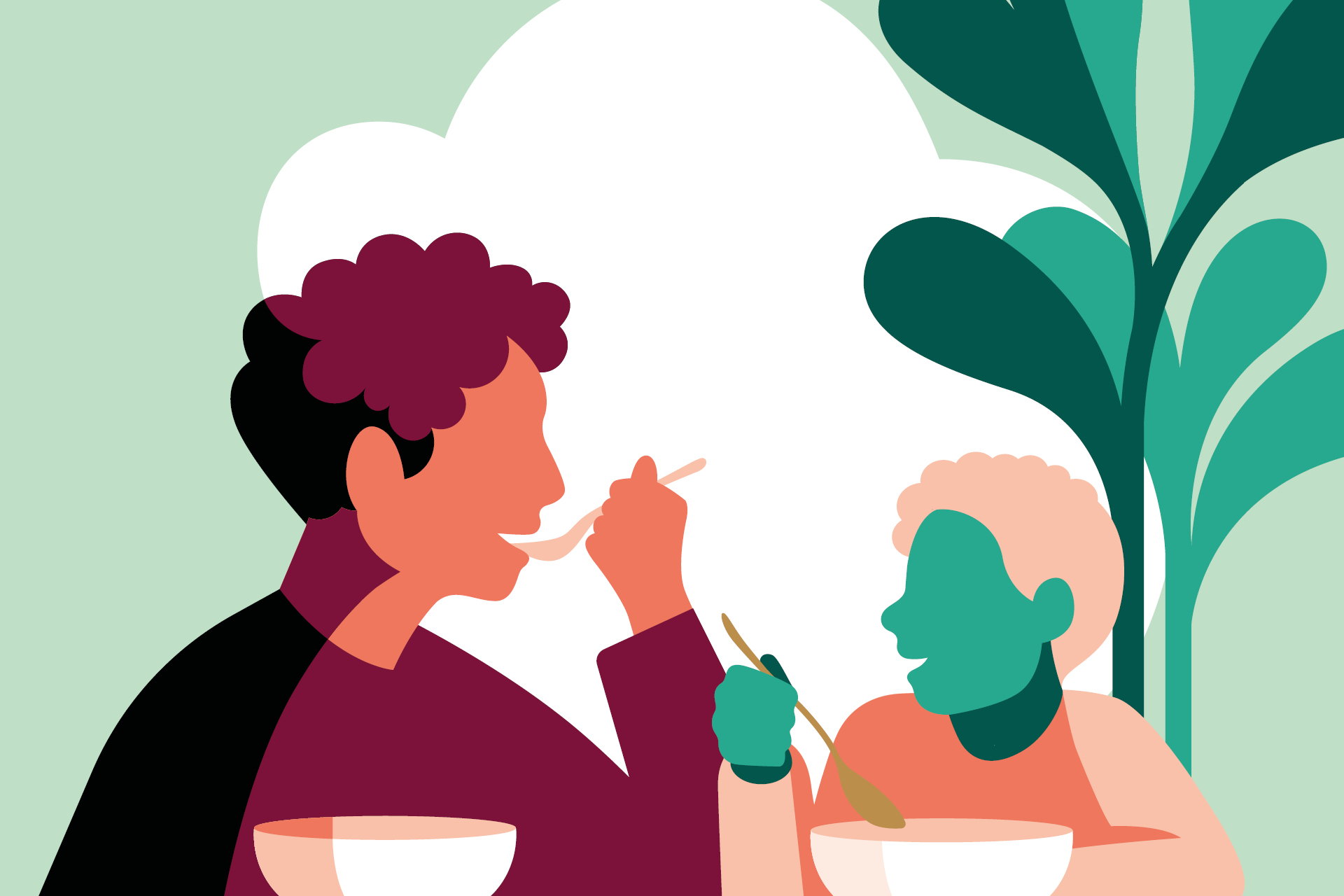 Illustration av en vuxen och ett barn som äter soppa.