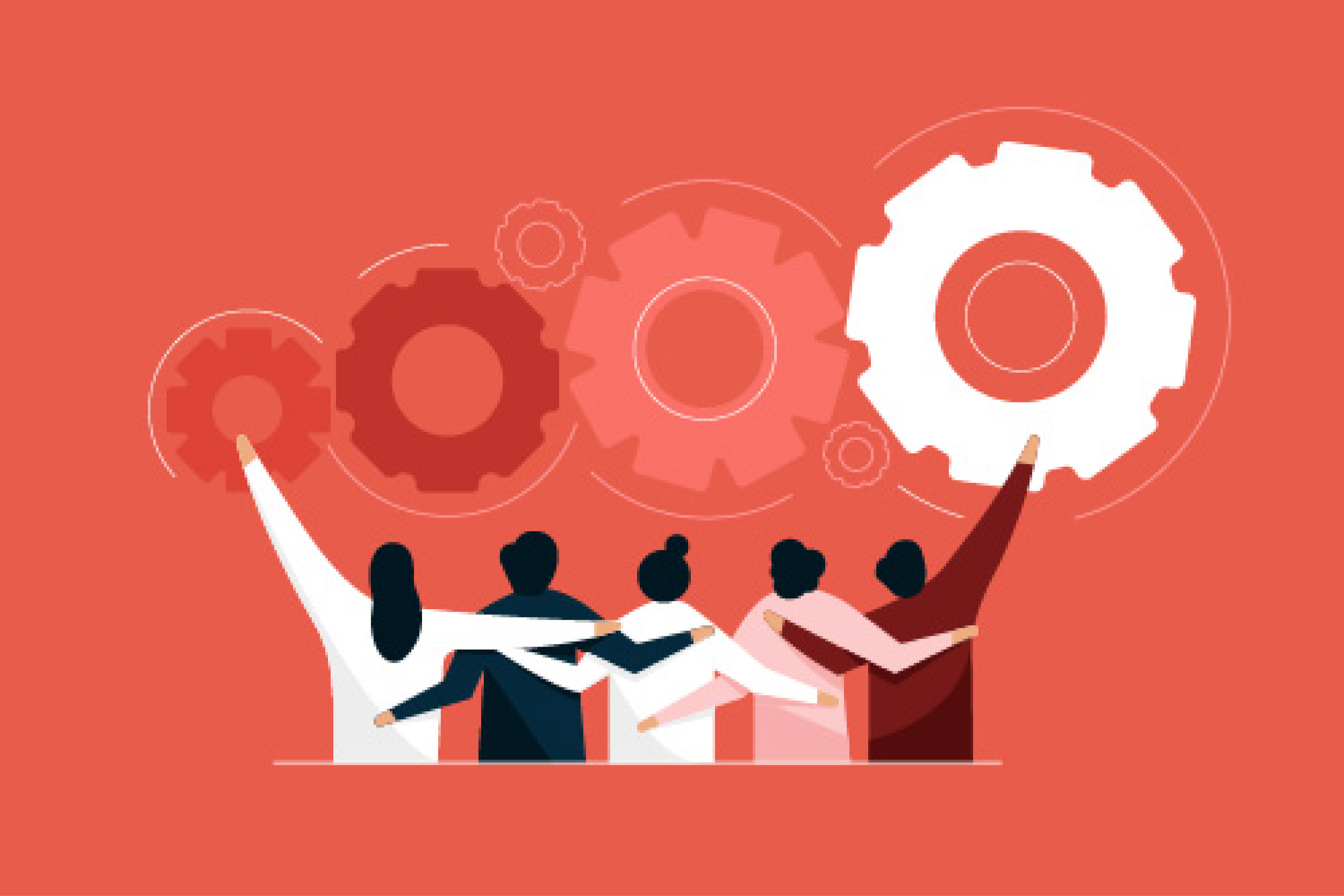 Illustration av en grupp människor och ett kugghjul som symboliserar samarbete
