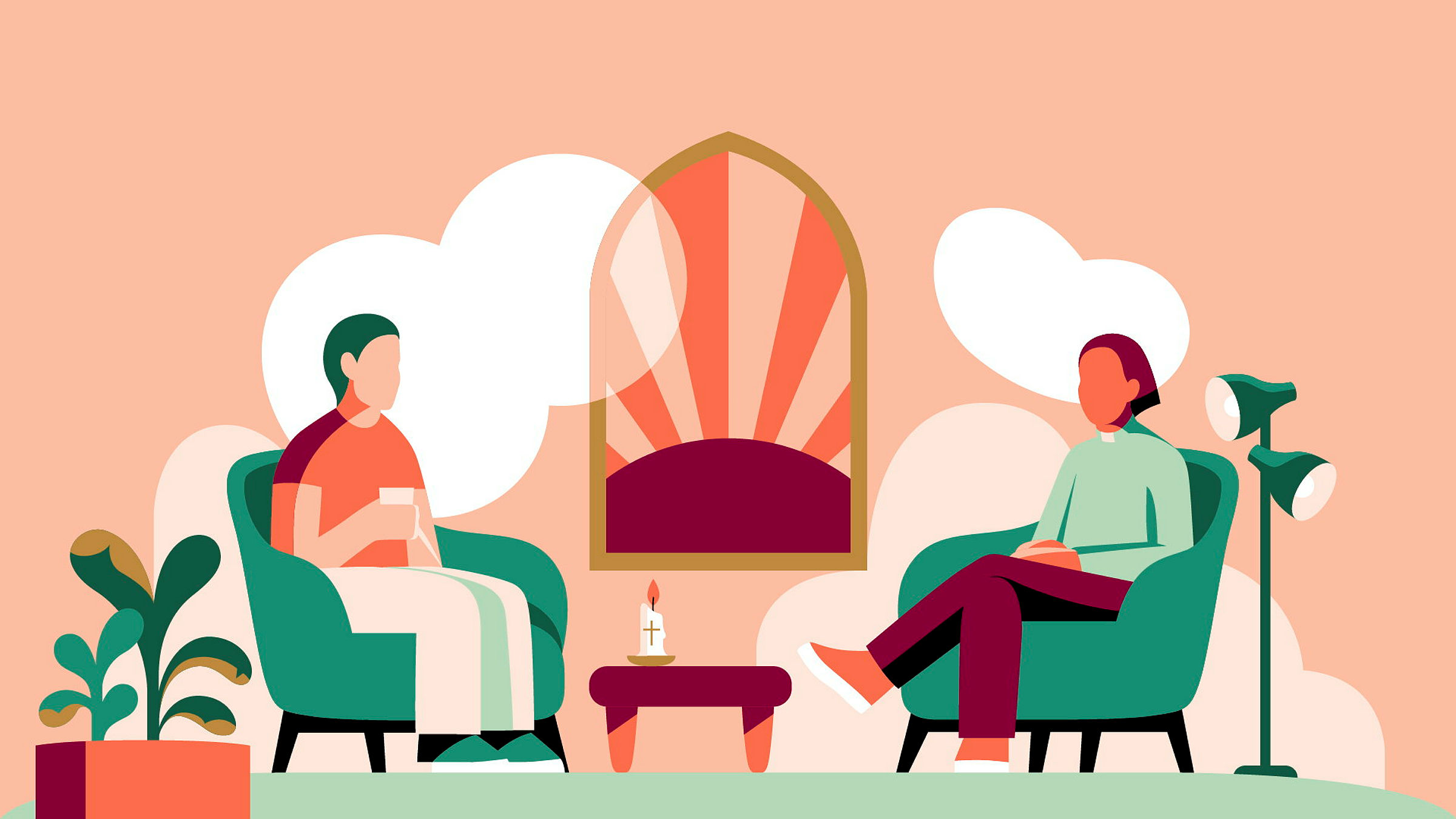 Illustration av ett själavårdssamtal mellan en präst och en person