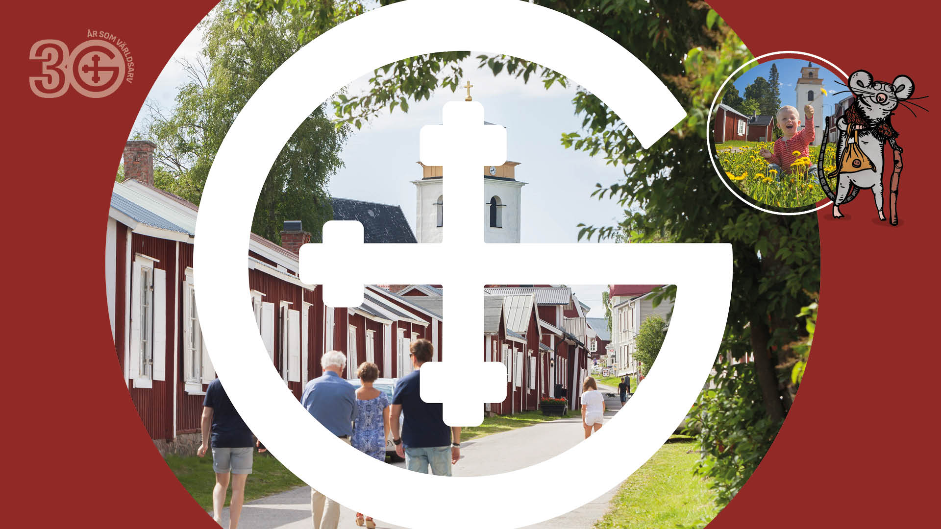 Bilden visar människor som går bland röda kyrkstugor med vita knutar upp till Nederluleå kyrka.