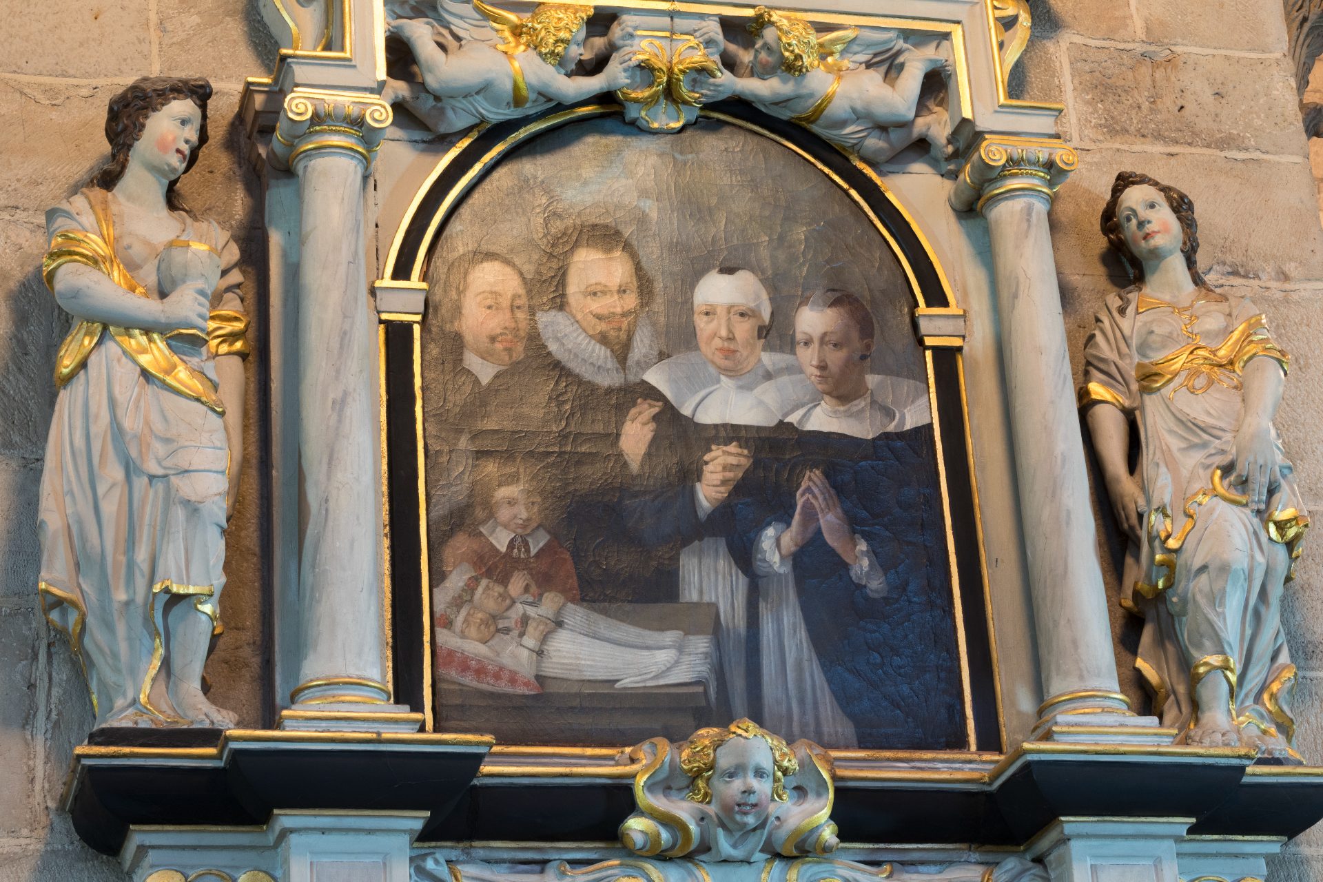 Oljemålning föreställande två män, två kvinnor och tre barn i tidstypiska kläder från 1500-talet.