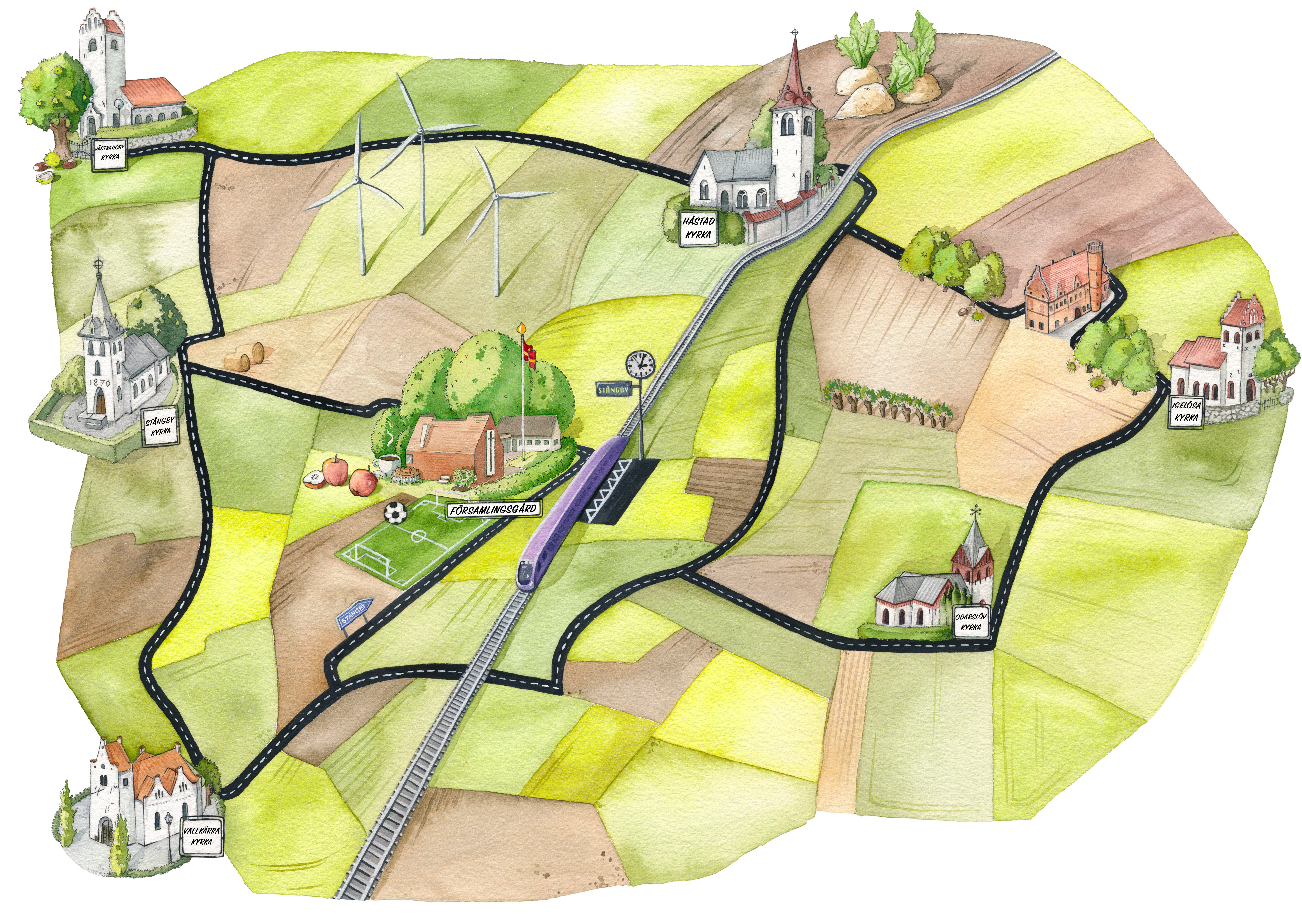 Illustration över Torns församlings kyrkor och församlingsgård