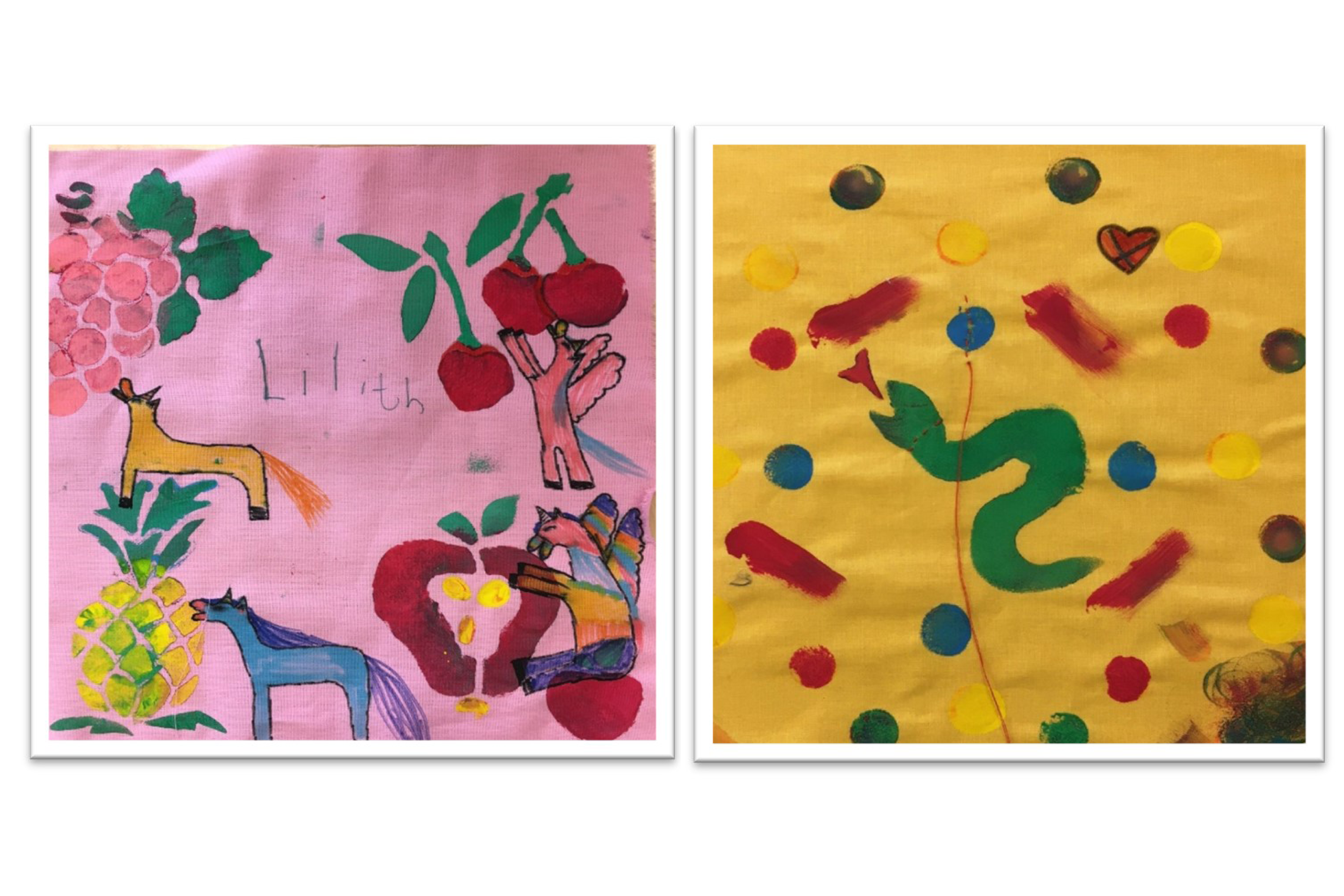 Två textila bilder. Den ena föreställer enhörningar som äter frukt. Den andra en slingrande orm.