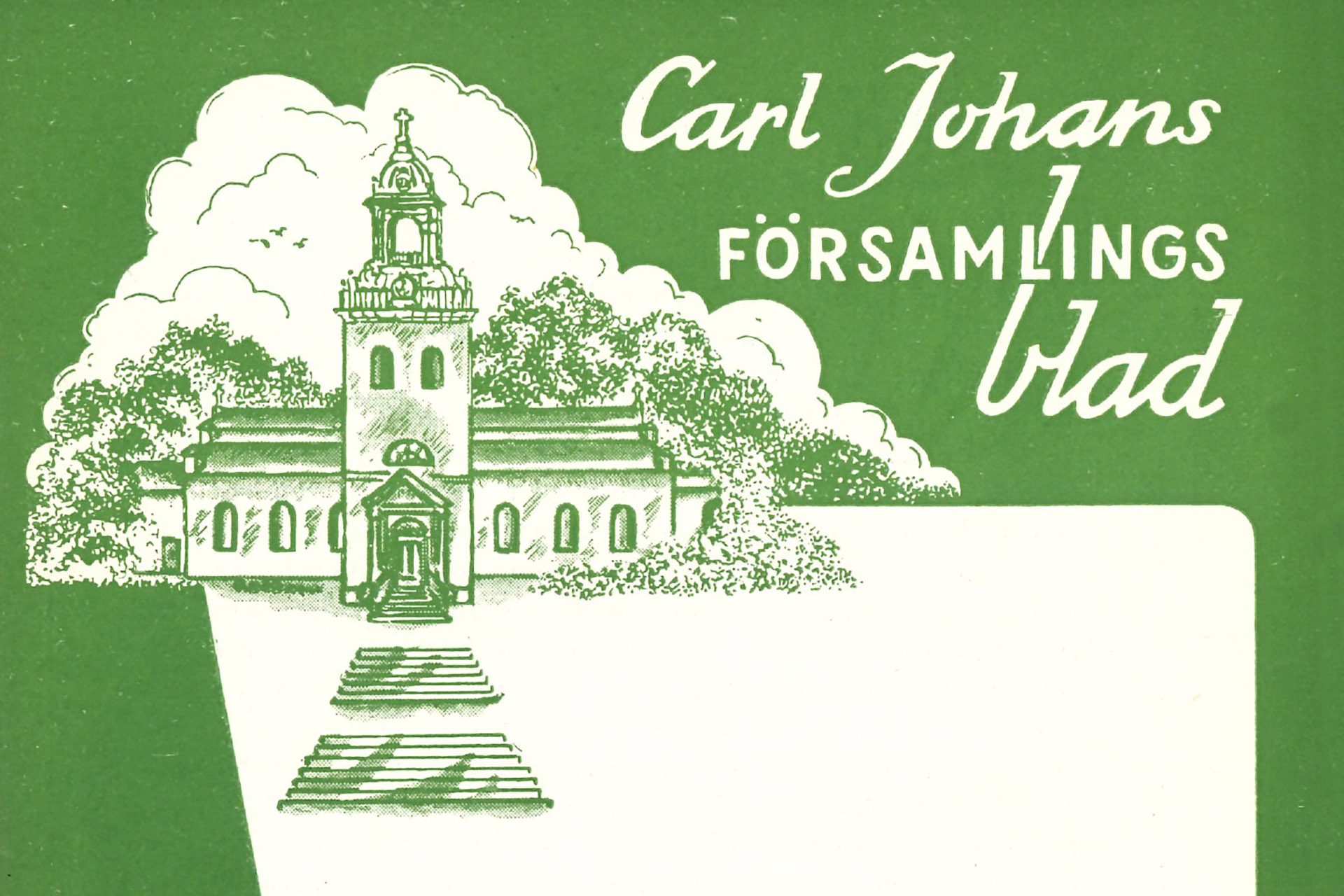 Församlingsbladets framsida med en illustration av Carl Johans kyrka.