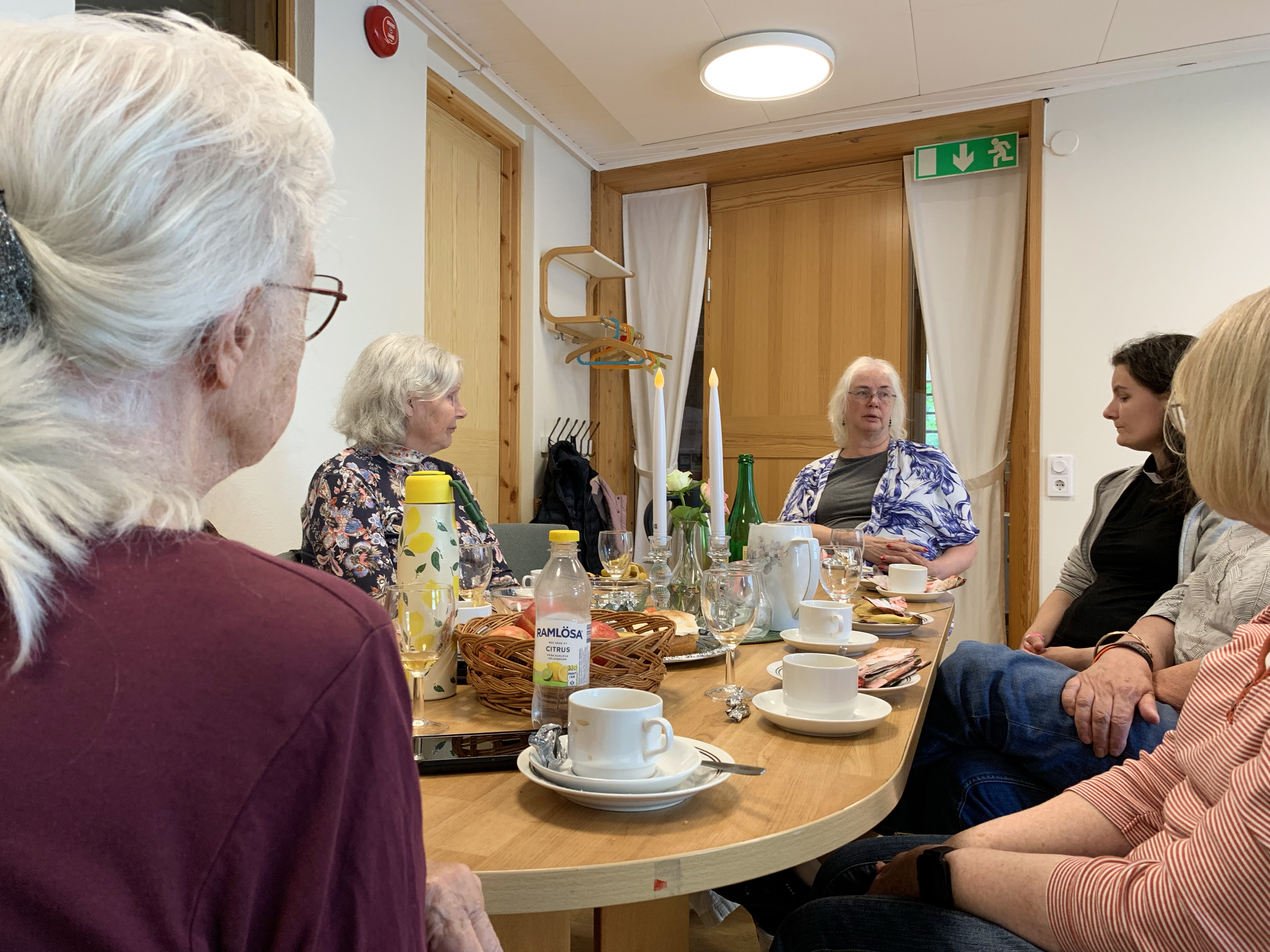 En grupp människor kring ett fikadukat bord. I förgrunden syns ryggen och bakhuvudet på en av personerna, som om bilden var tagen ur hennes perspektiv.
