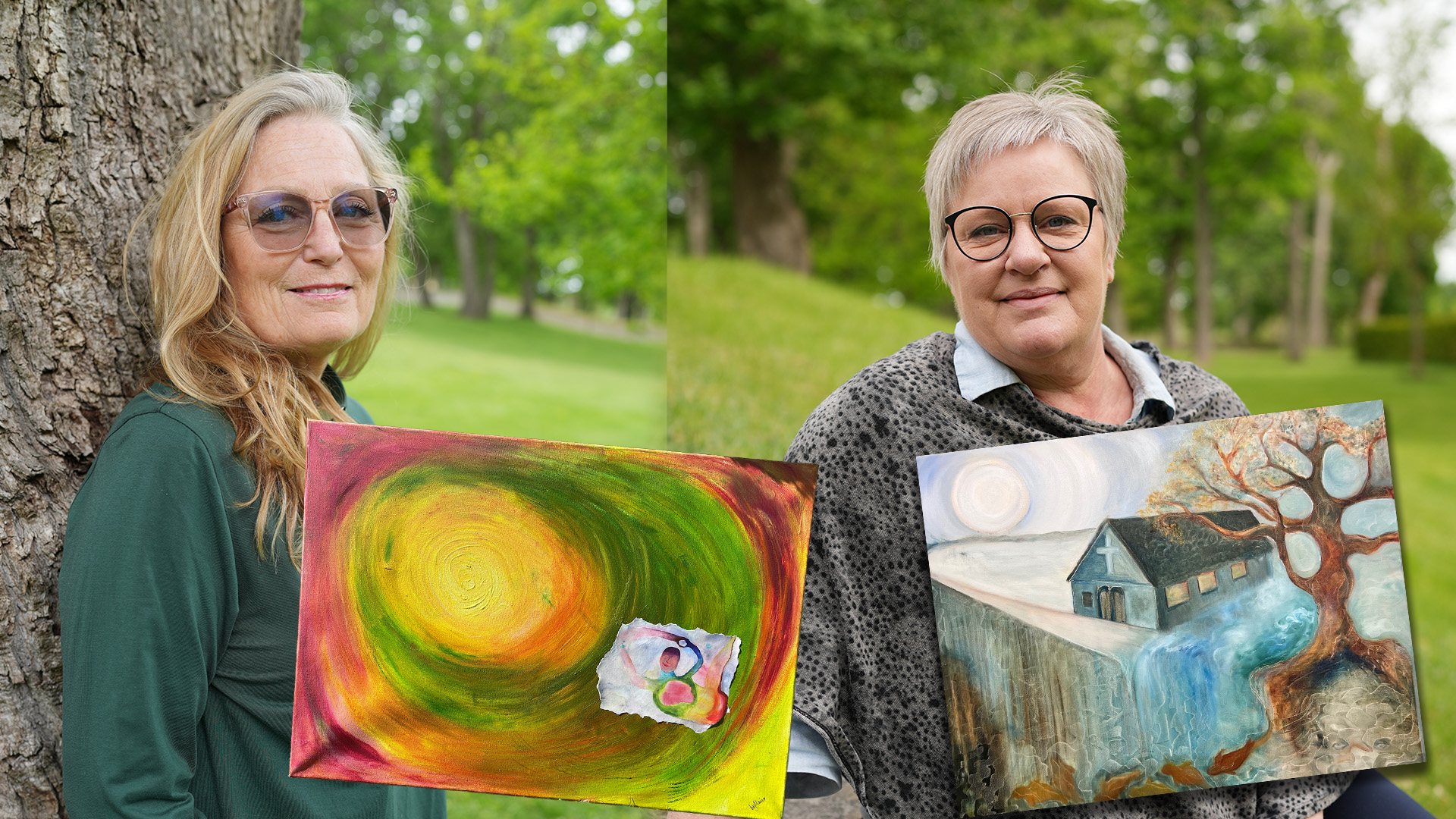 IngMarie till vänster och Helén till höger. På bilden syns även två av deras tavlor.