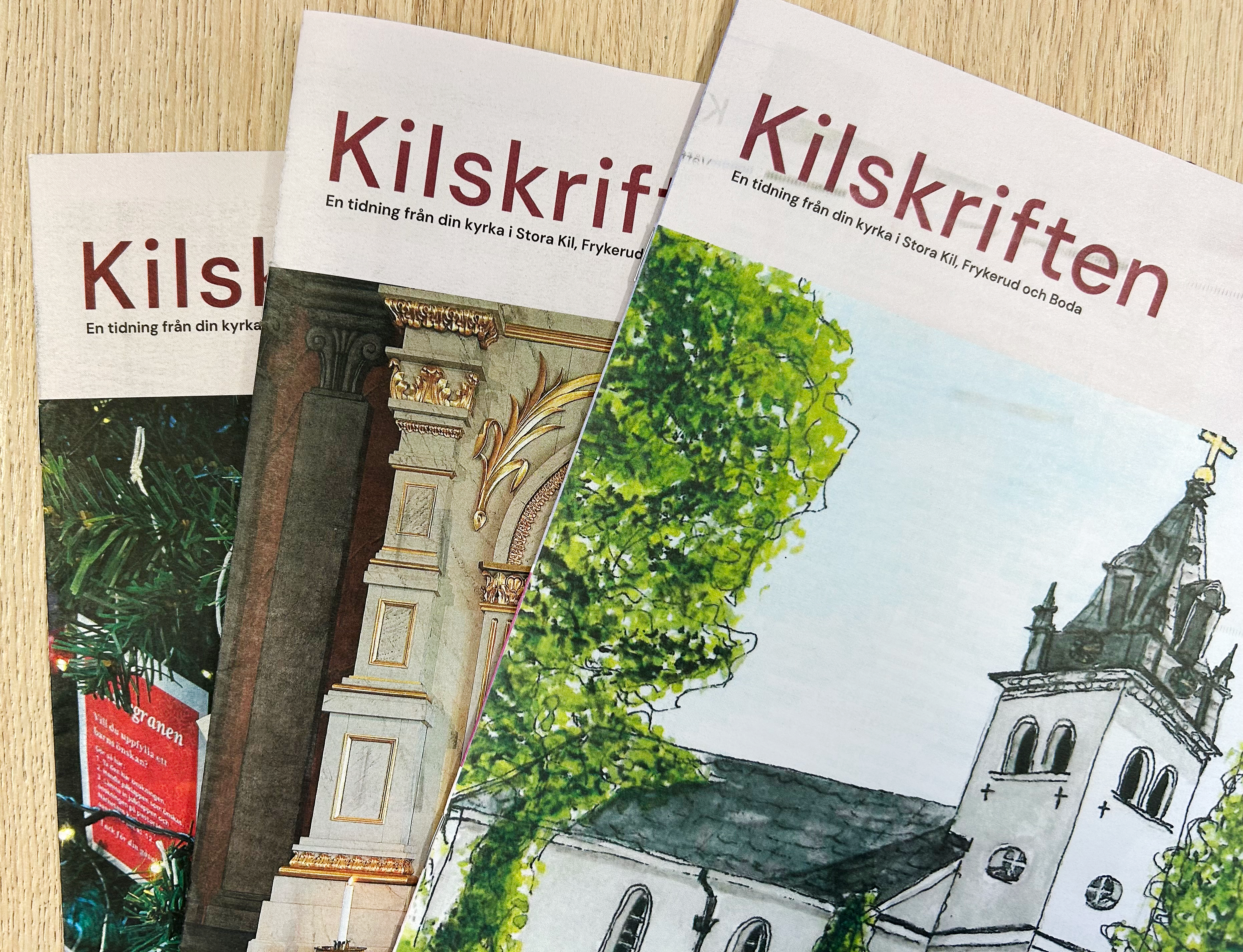 Tre exemplar av församlingstidningen Kilskriften