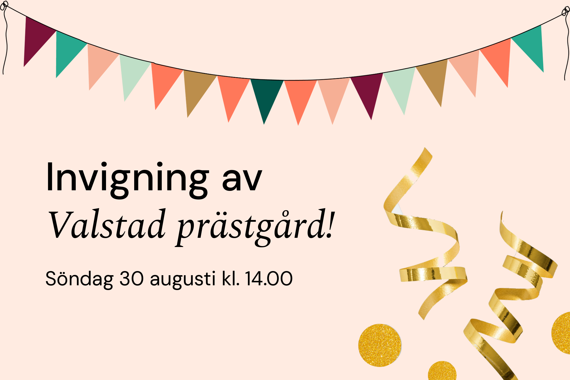 Illustration av vimplar i olika färger med en knut i vardera ände samt serpentiner och konfetti.