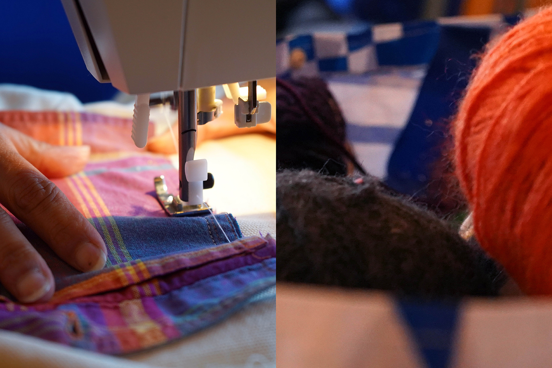 Montage med detaljbilder av en hand som med symaskin syr en söm i ett rutigt tyg samt av garnnystan i mörka och orange kulörer.