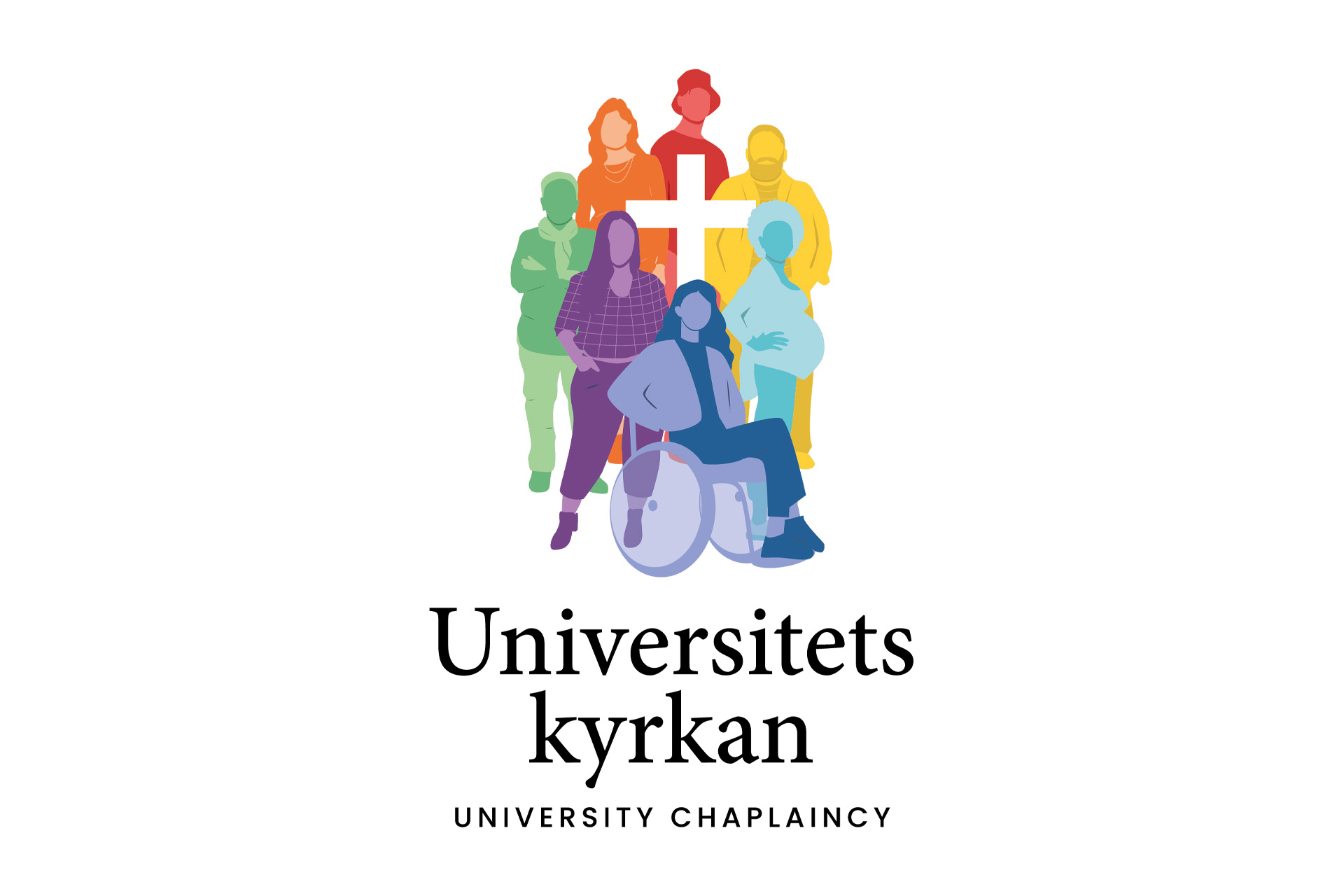 Siluetter av studenter i regnbågens färger runt ett vitt kors.