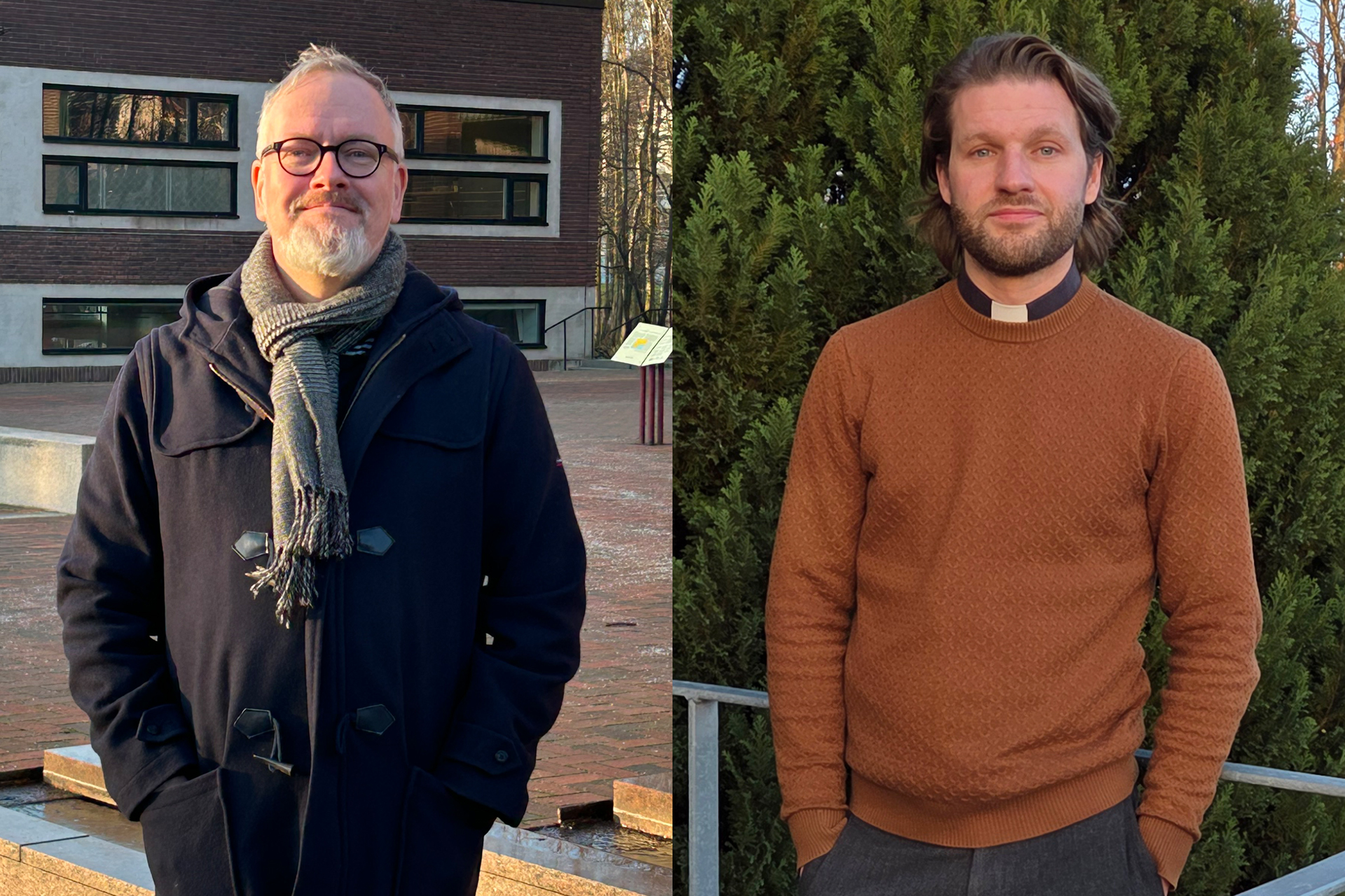 Två bilder sammansatta till en. Den ena visar en man med rock och halsduk, bakgrunden syns en byggnad i tegel.  Den andra bilden visar en man med brun tröja, i bakgrunden syns gröna buskar. 