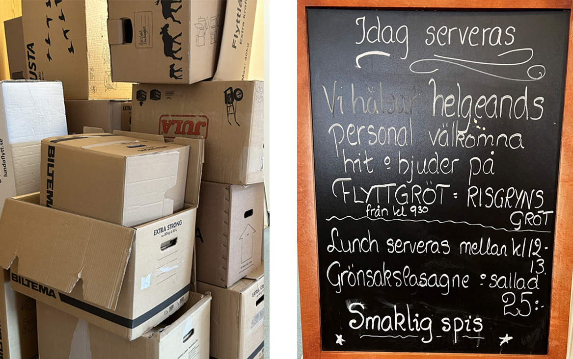 Flyttkartonger huller om buller och en matserveringsskylt på Diakonicentralen i Lund 