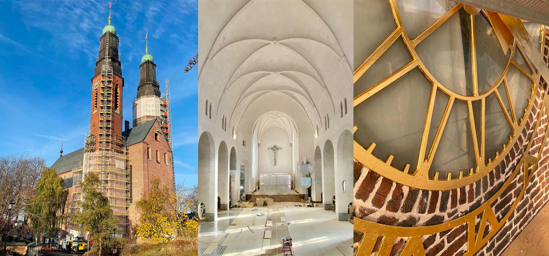 Collage av renoveringsbilder kyrktorn, kyrksal och tornur