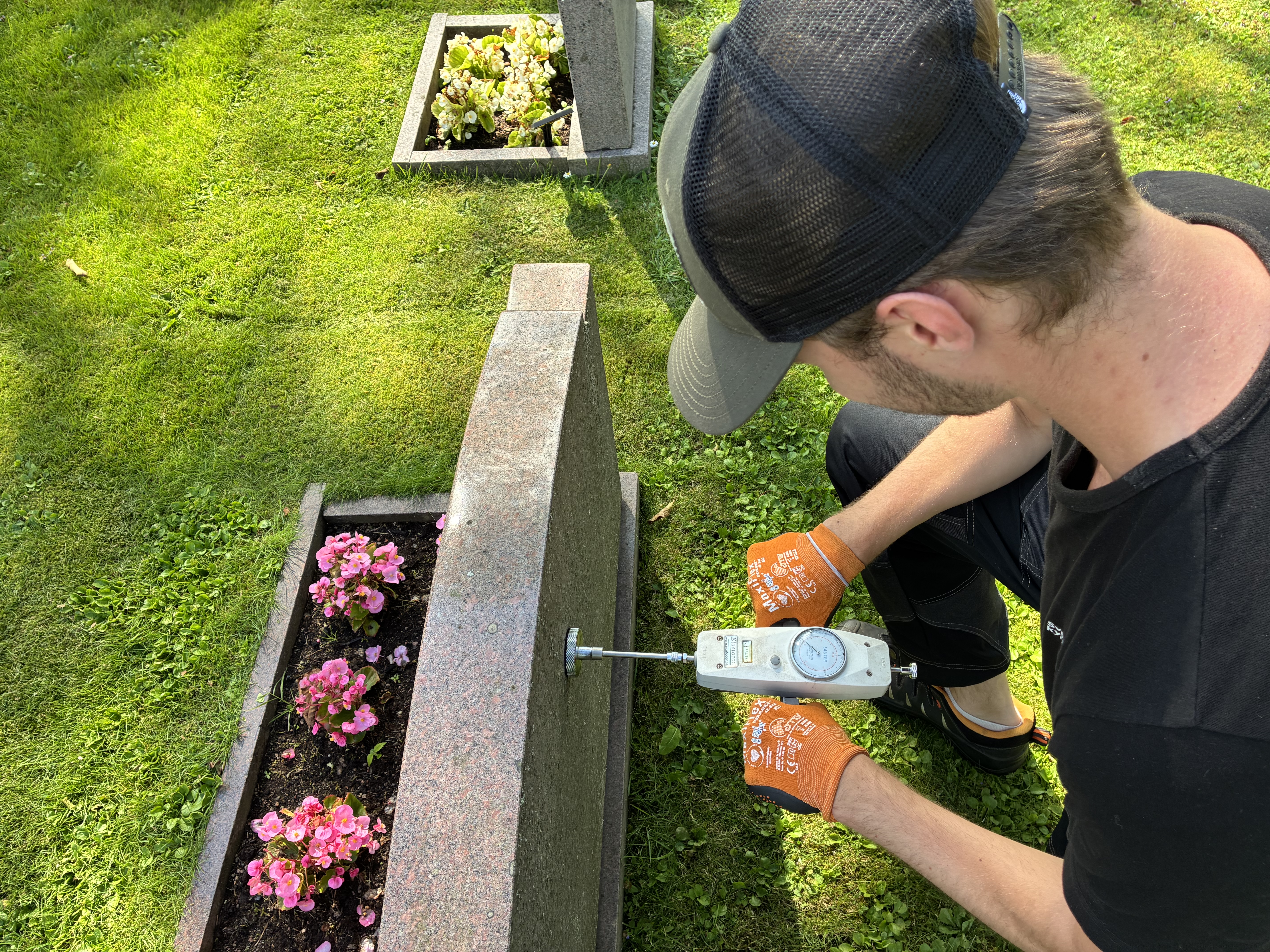 En gravsten och en person som trycker på den med en apparat för att se att den står stadigt.