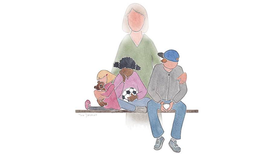 Tecknad illustration av barn tillsammans med vuxen.