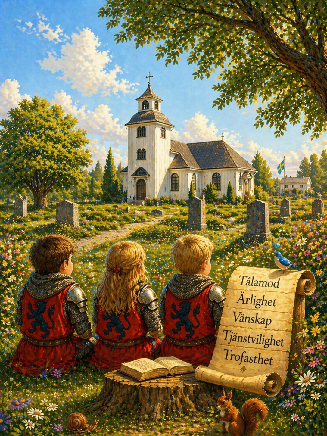 Tre riddare som blickar ut över Övre Ulleruds kyrka