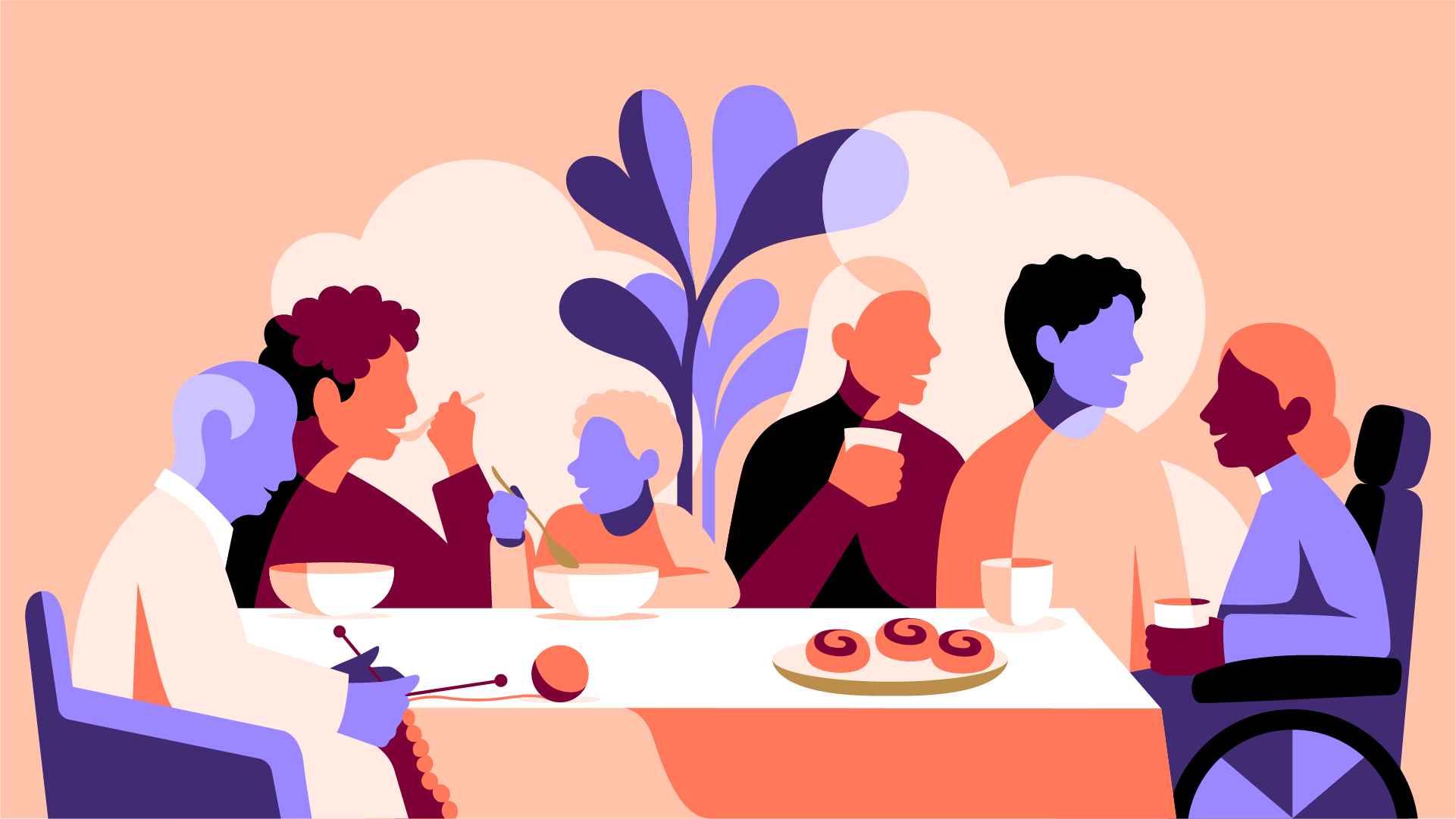 Illustration av människor i blandade åldrar som äter och umgås.