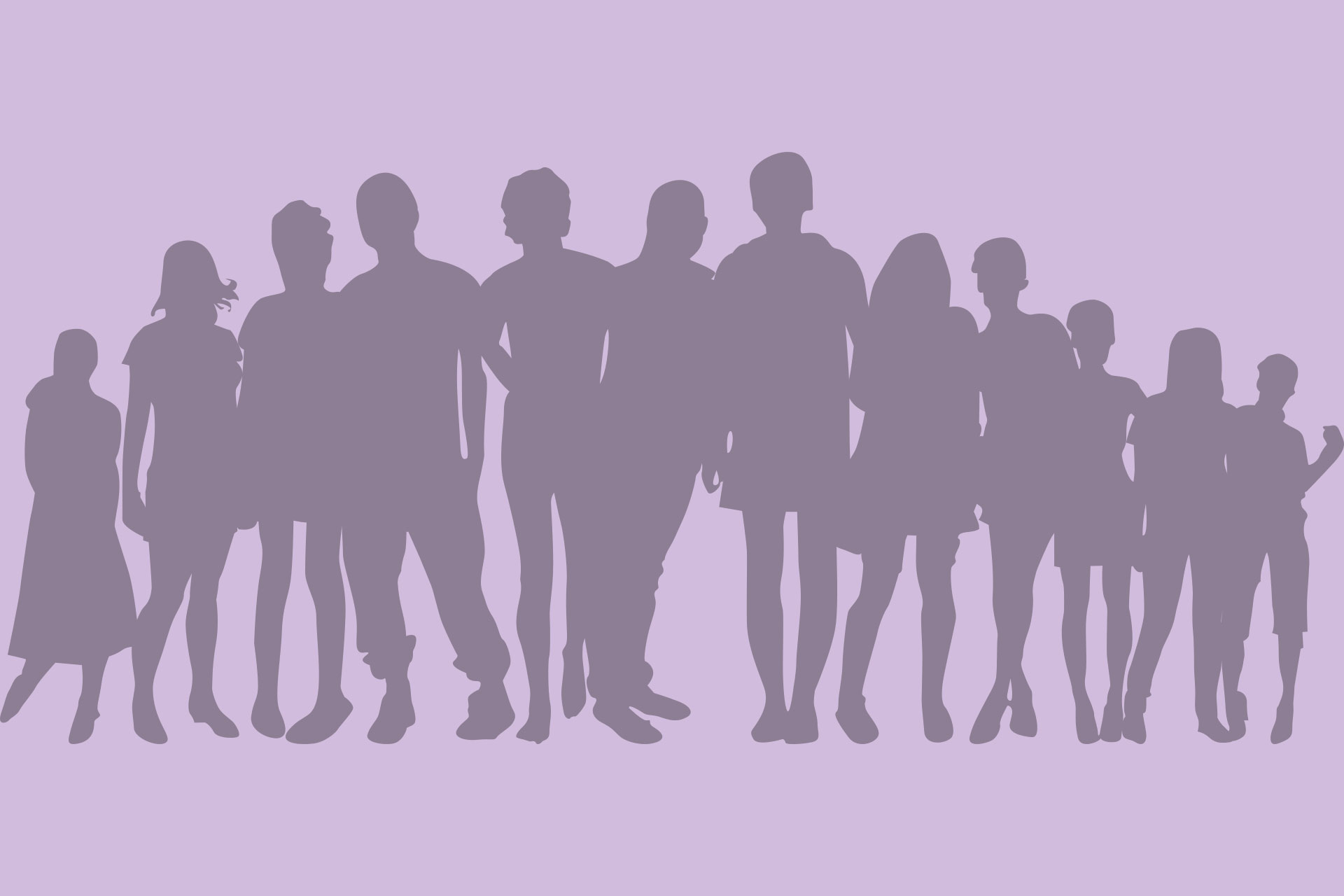 Illustration med ett stort antal enfärgade människosiluetter mot en  lila bakgrund