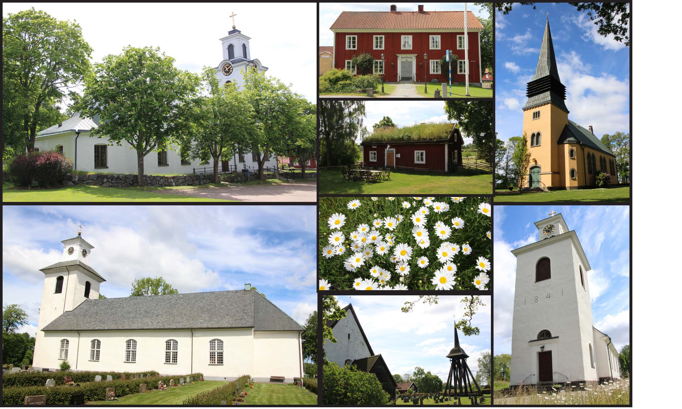 Bildkollage med några av kyrkorna i Ingelstad församling.