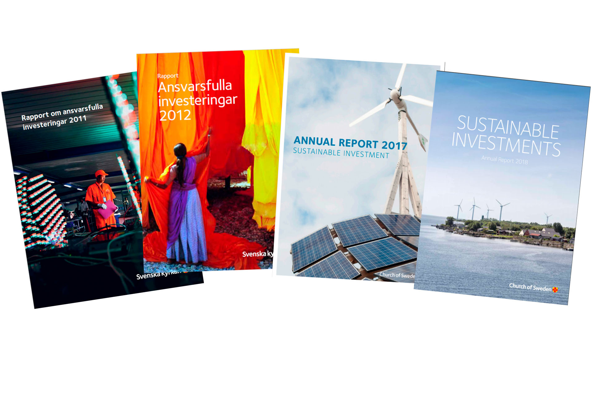 Four copies of annual reports about sustainable investments.