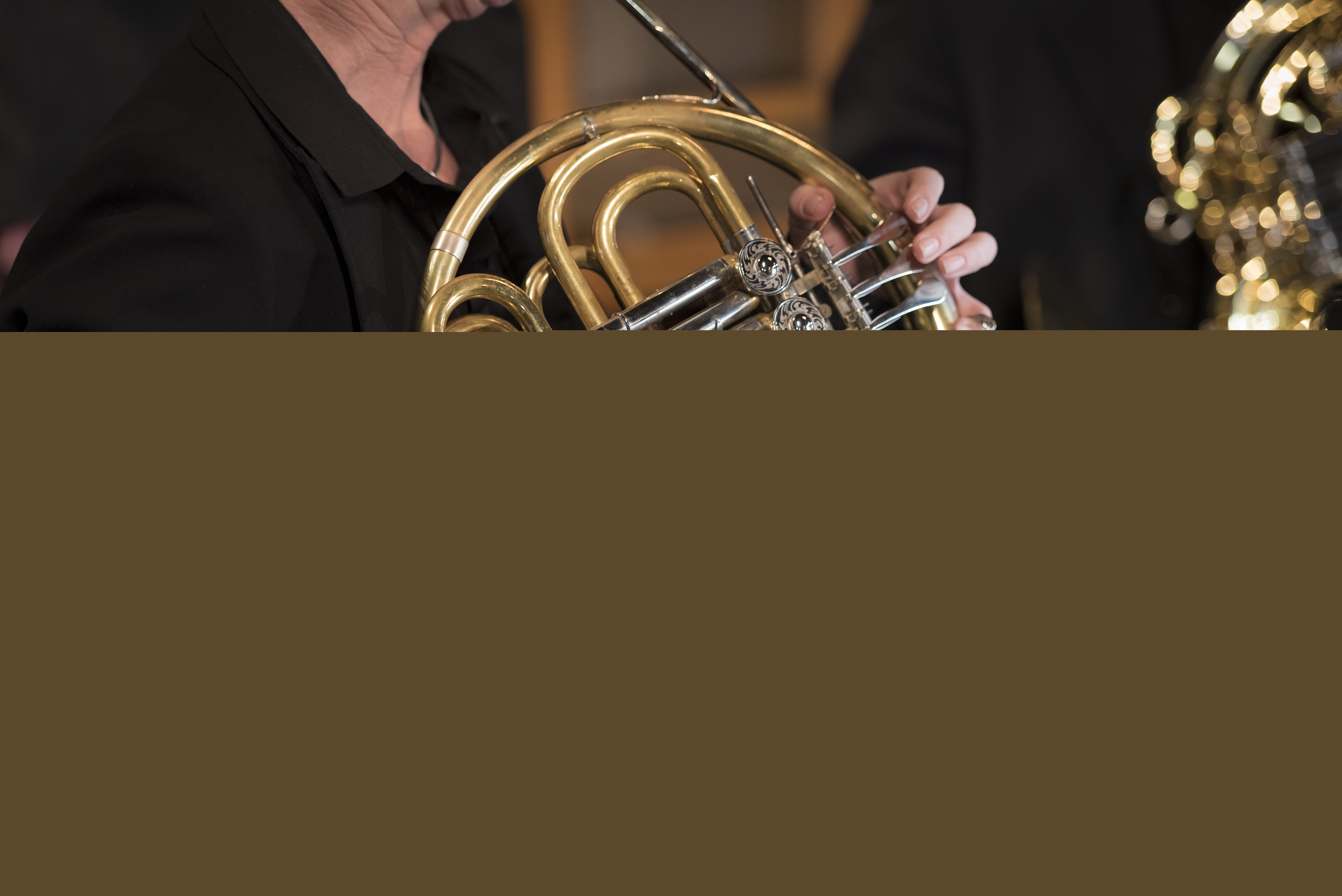 En person spelar valthorn.